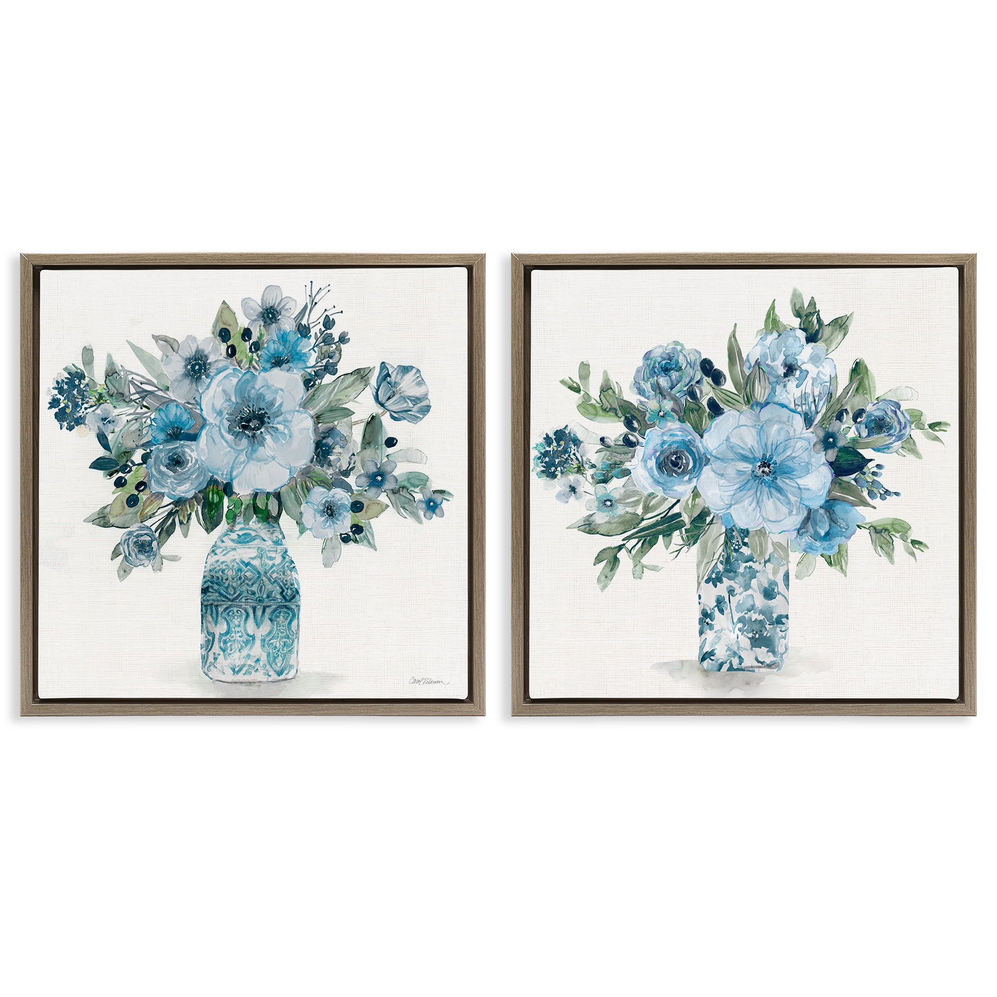 Stupell Industries Pastel Blue Floral Vase Arrangements 2 Piece Brown Framed Floater Canvas Set, design by Carol Robinson