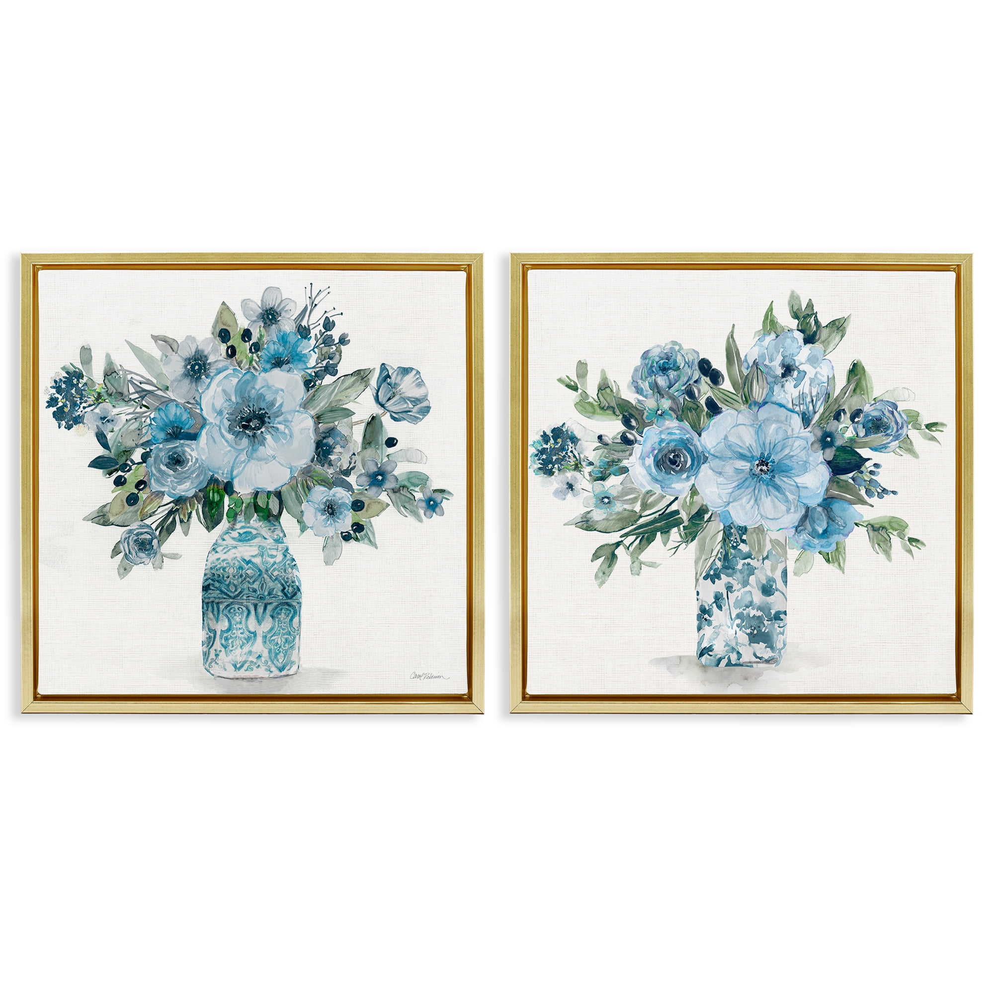 Stupell Industries Pastel Blue Floral Vase Arrangements 2 Piece Gold Framed Floater Canvas Set, design by Carol Robinson