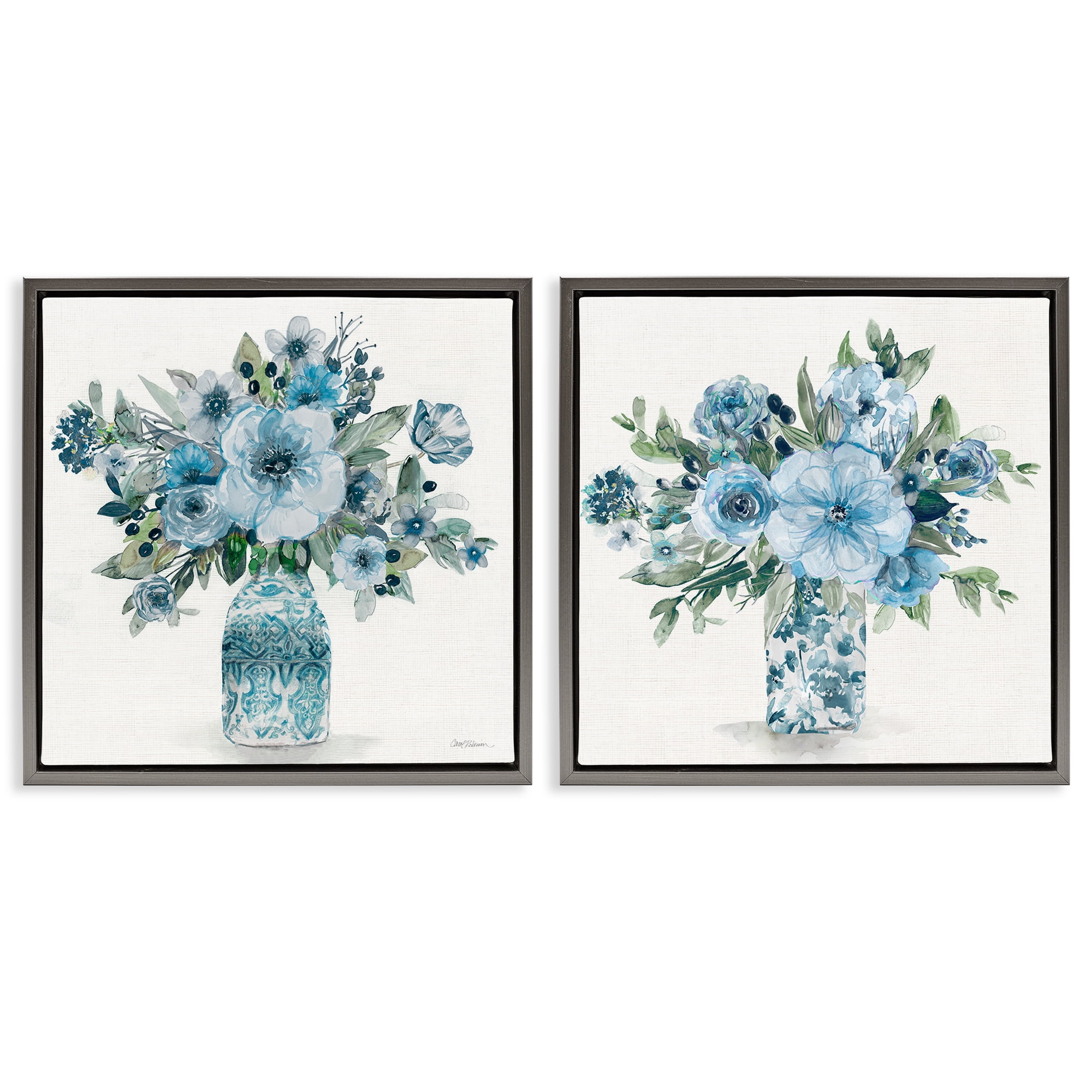 Stupell Industries Pastel Blue Floral Vase Arrangements 2 Piece Gray Framed Floater Canvas Set, design by Carol Robinson