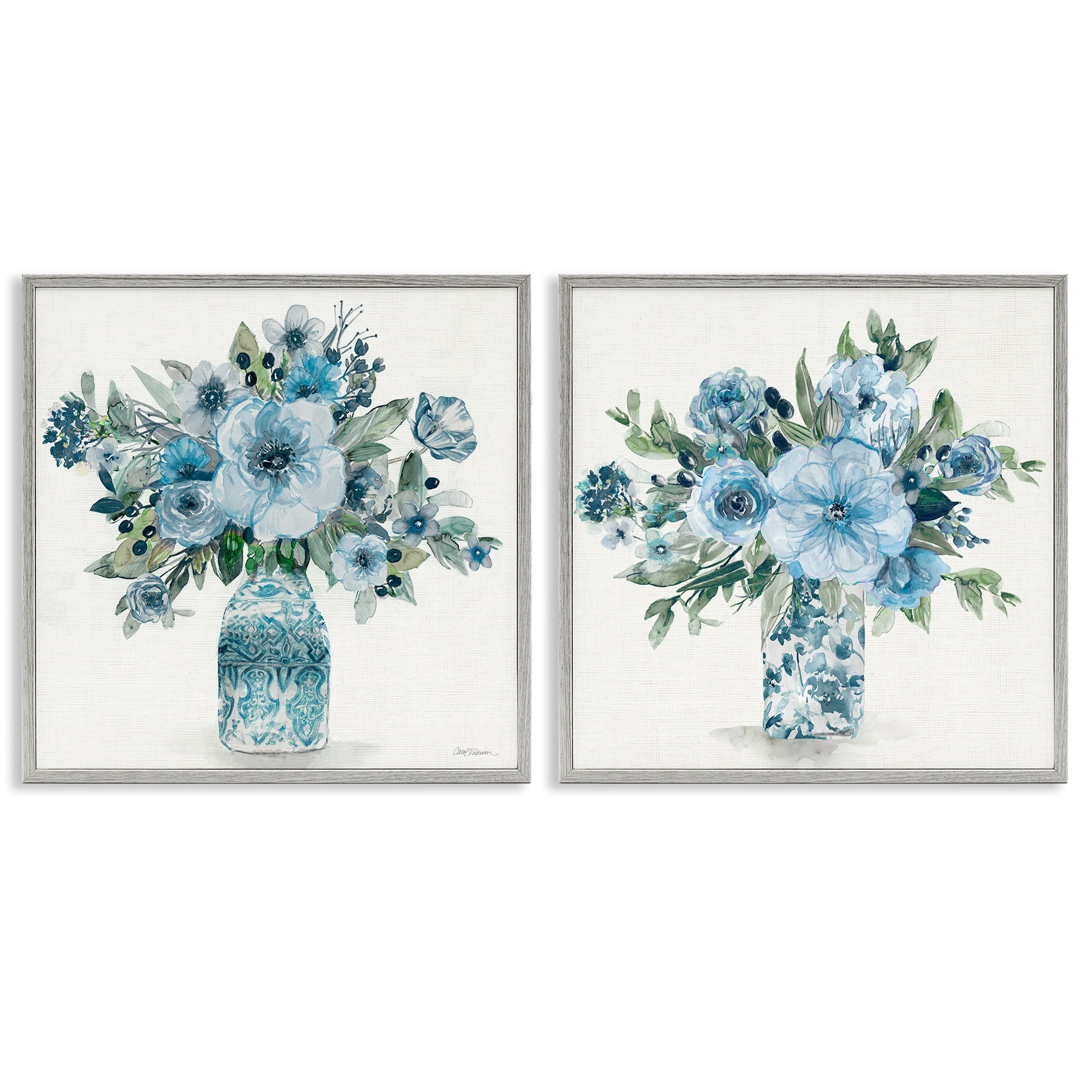 Stupell Industries Pastel Blue Floral Vase Arrangements 2 Piece Gray Framed Giclee Art Set, design by Carol Robinson