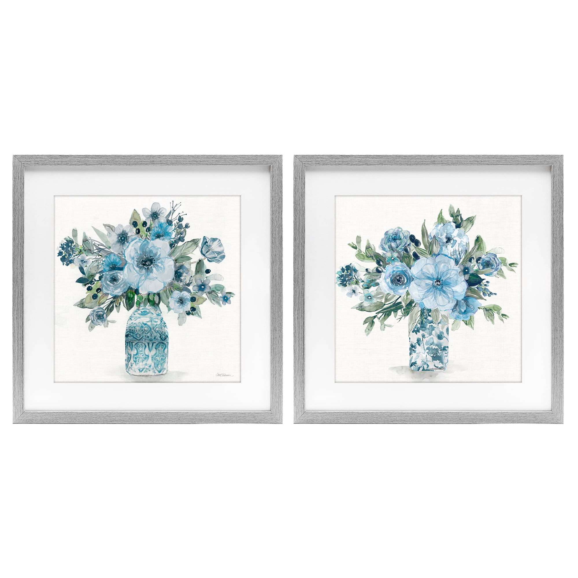 Stupell Industries Pastel Blue Floral Vase Arrangements 2 Piece Gray Framed Print Under Glass Set, design by Carol Robinson