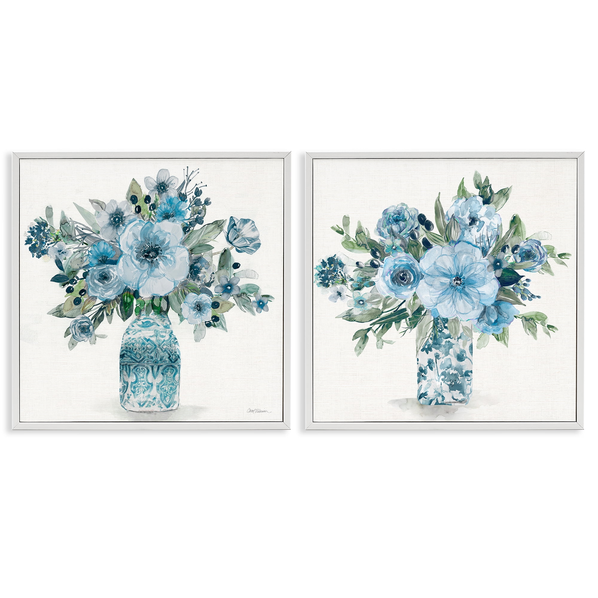 Stupell Industries Pastel Blue Floral Vase Arrangements 2 Piece White Framed Giclee Art Set, design by Carol Robinson