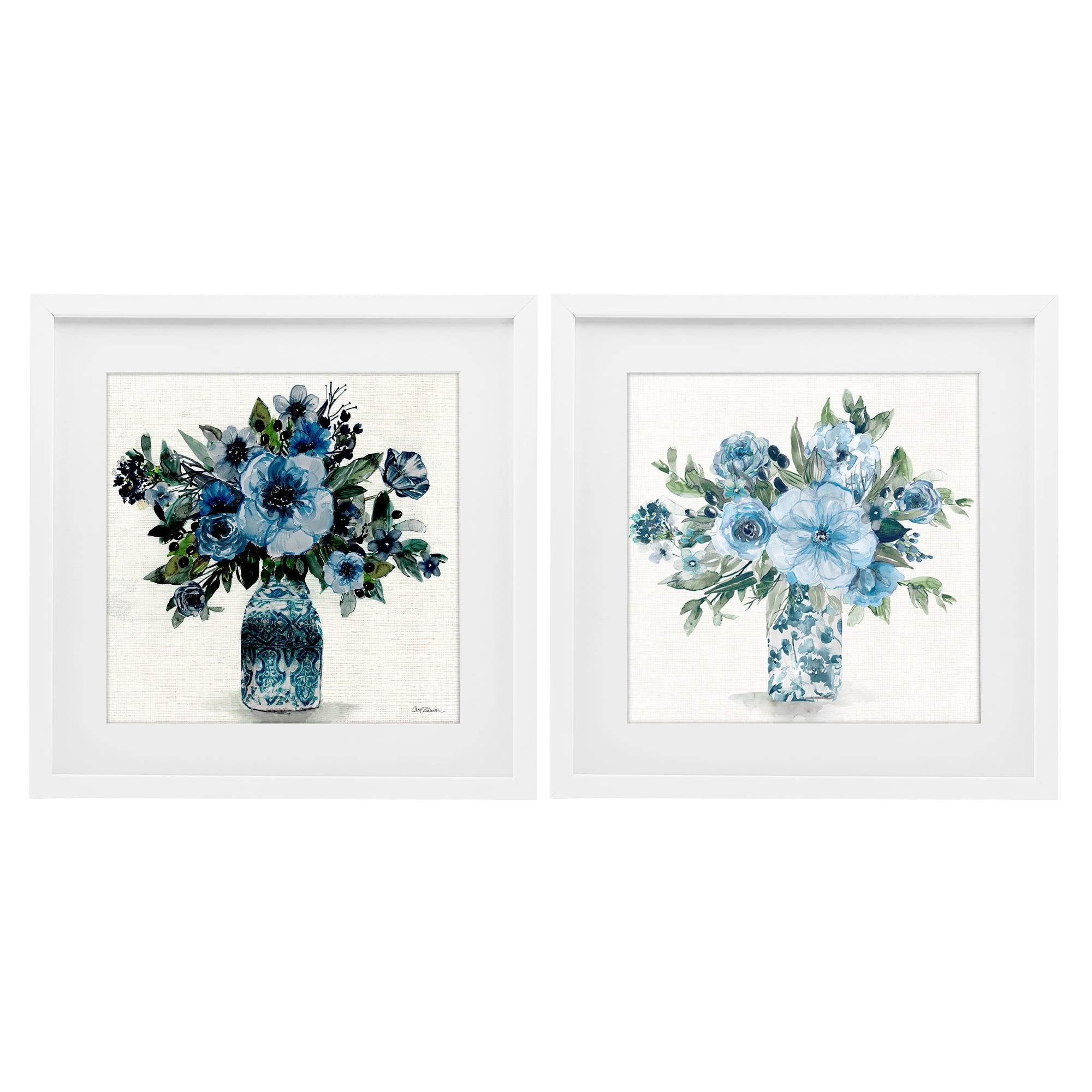 Stupell Industries Pastel Blue Floral Vase Arrangements 2 Piece White Framed Print Under Glass Set, design by Carol Robinson