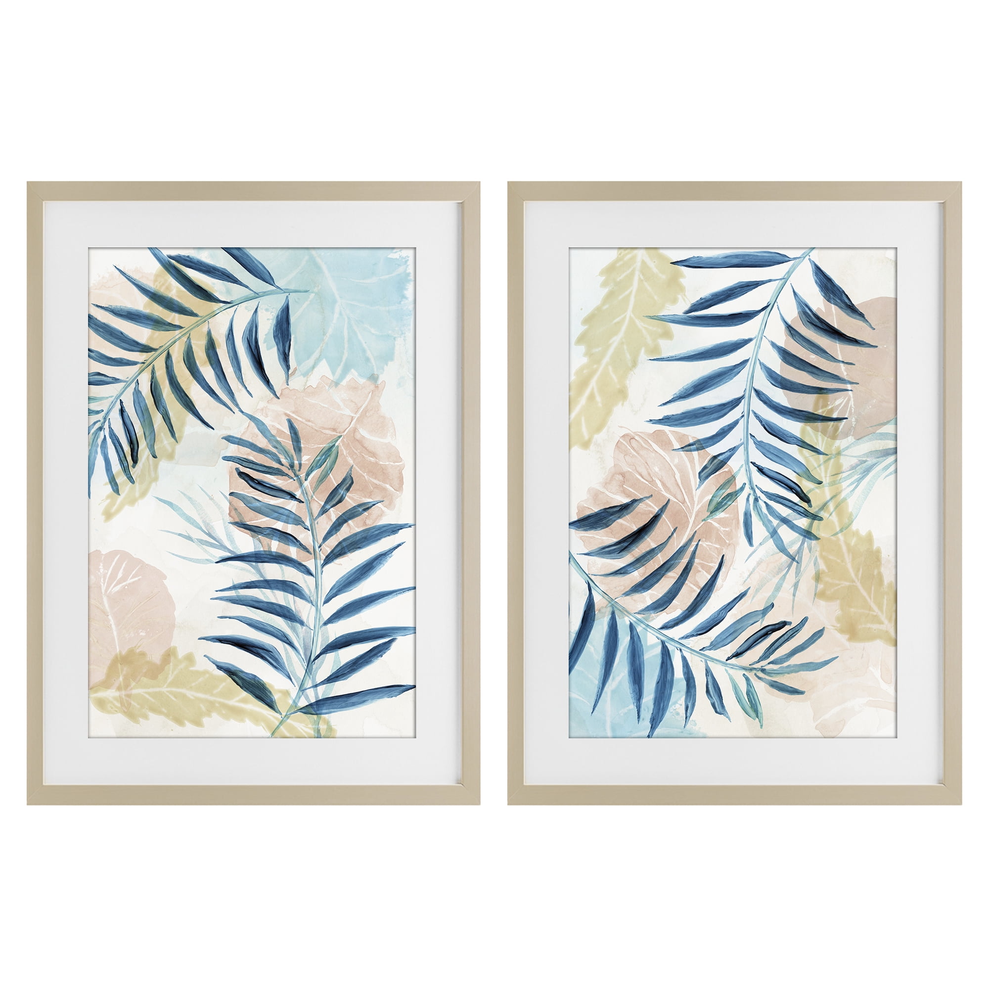 Stupell Industries Pastel & Blue Palm Fronds 2 Piece Birch Framed Print Under Glass Set, design by Nan