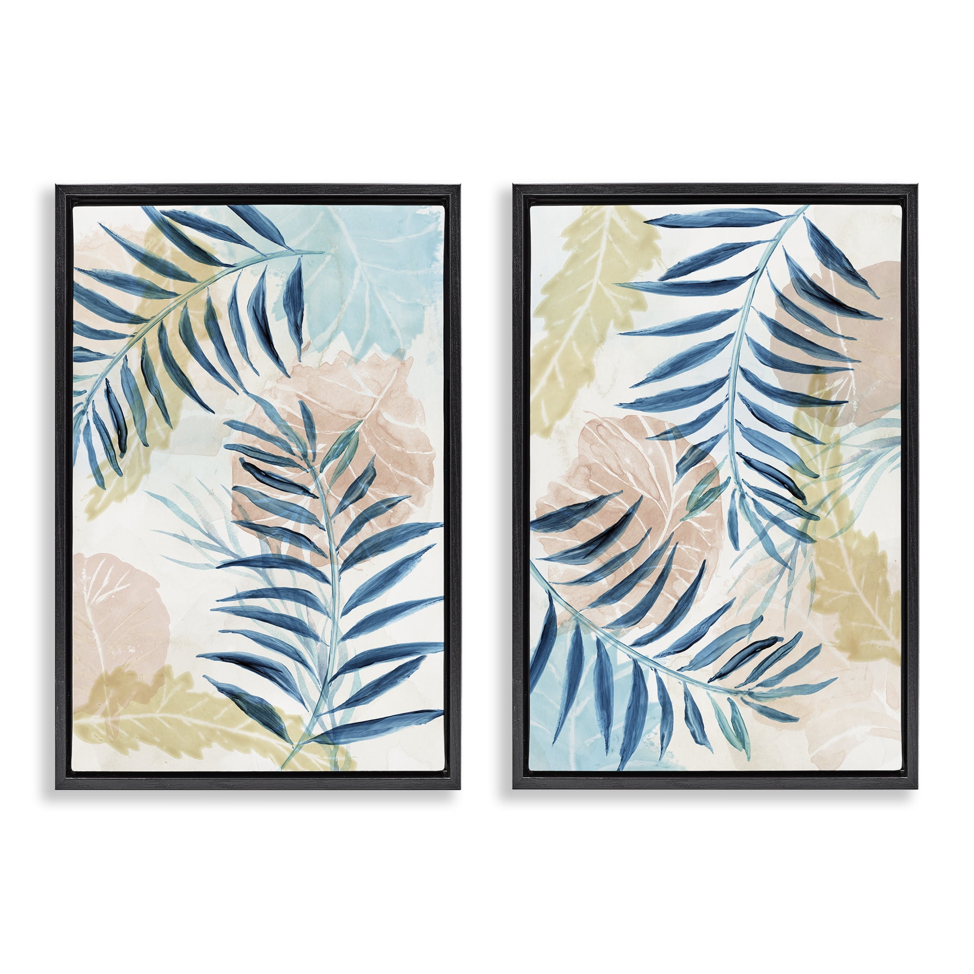 Stupell Industries Pastel & Blue Palm Fronds 2 Piece Black Framed Floater Canvas Set, design by Nan