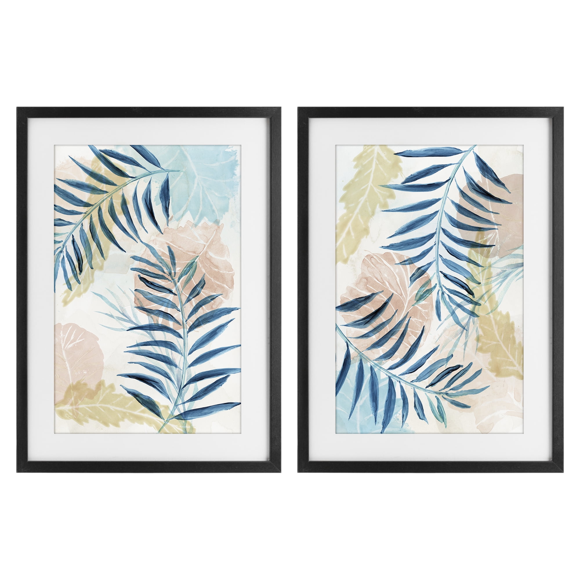 Stupell Industries Pastel & Blue Palm Fronds 2 Piece Black Framed Print Under Glass Set, design by Nan
