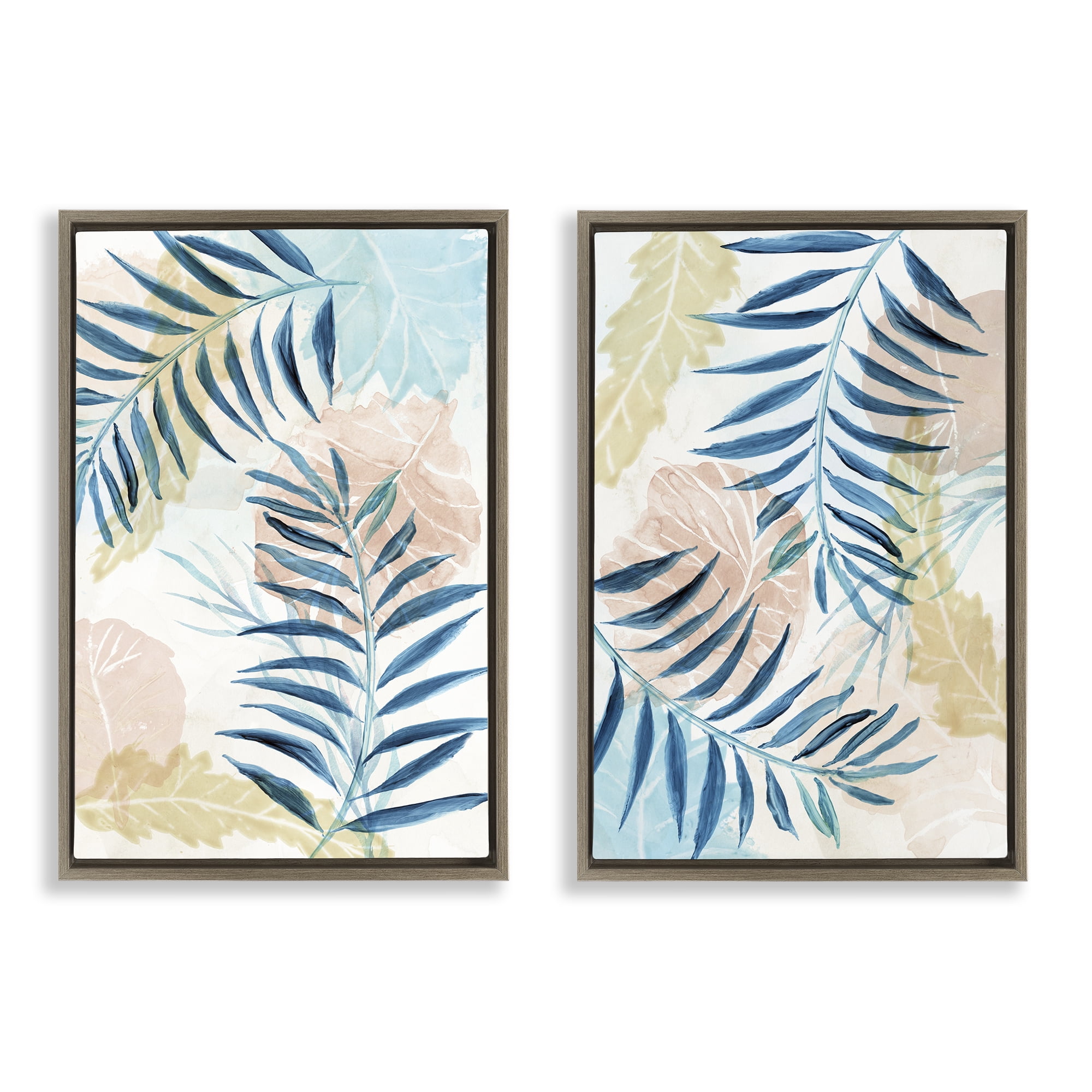 Stupell Industries Pastel & Blue Palm Fronds 2 Piece Brown Framed Floater Canvas Set, design by Nan
