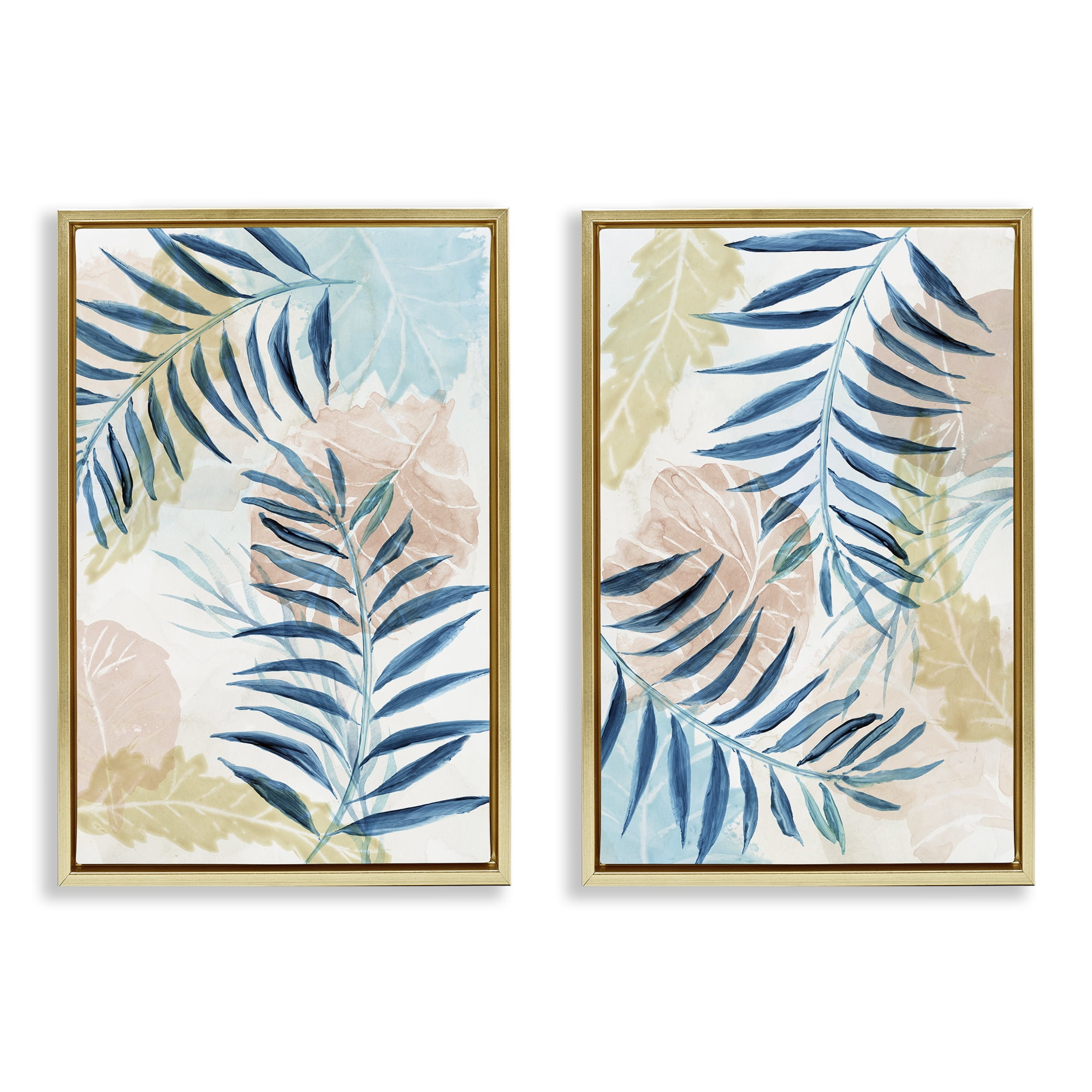 Stupell Industries Pastel & Blue Palm Fronds 2 Piece Gold Framed Floater Canvas Set, design by Nan