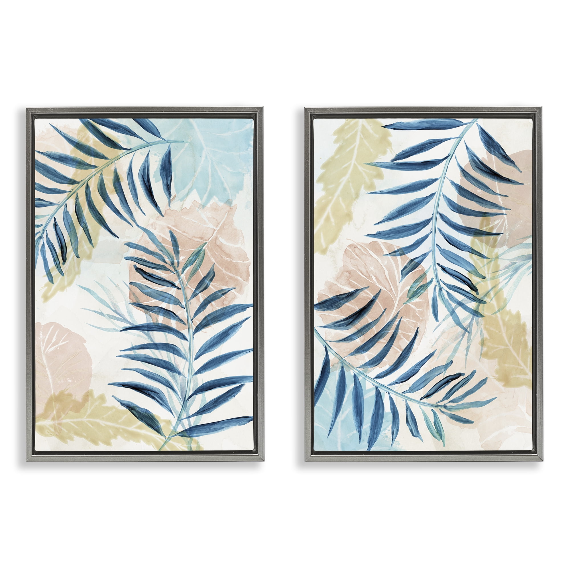 Stupell Industries Pastel & Blue Palm Fronds 2 Piece Gray Framed Floater Canvas Set, design by Nan
