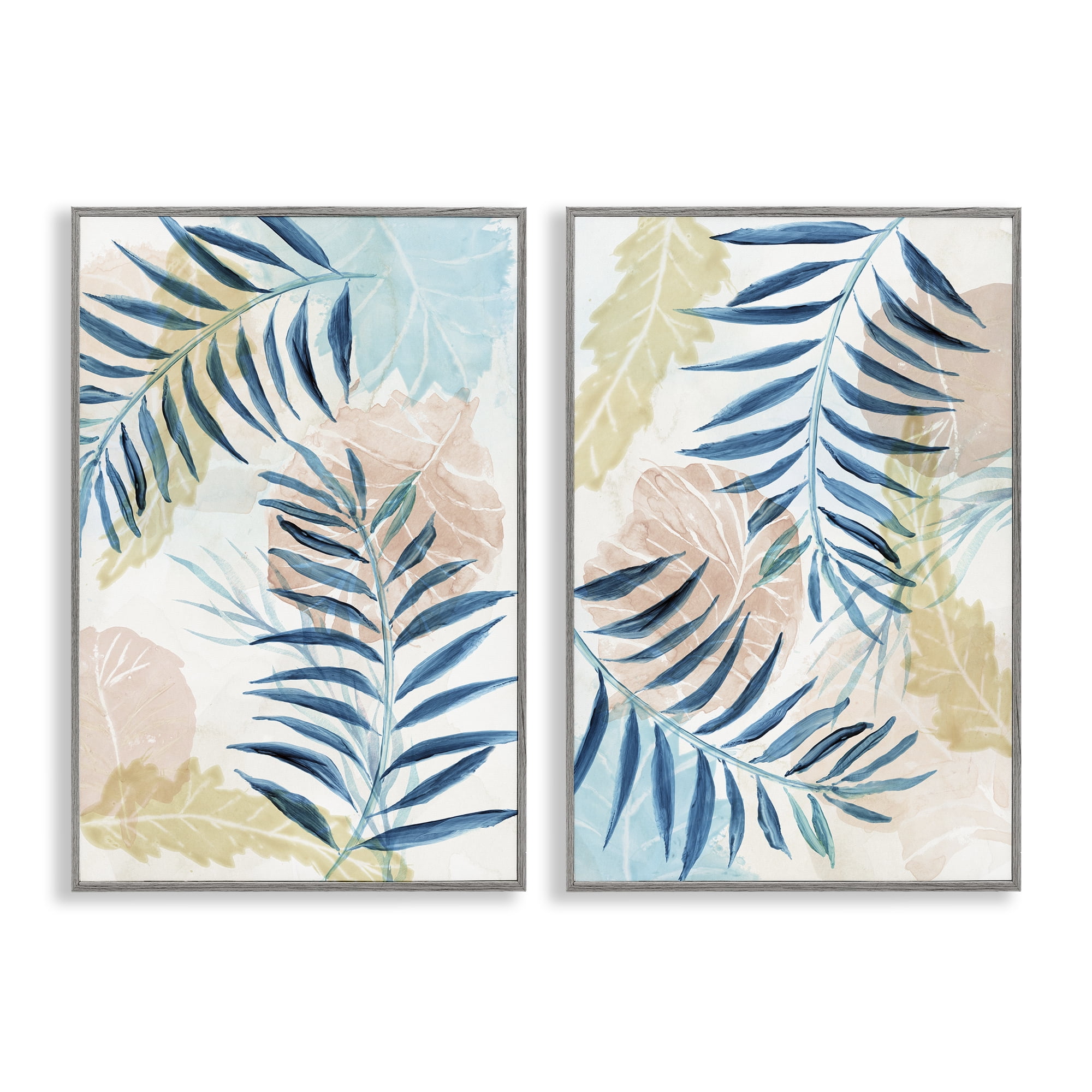 Stupell Industries Pastel & Blue Palm Fronds 2 Piece Gray Framed Giclee Art Set, design by Nan