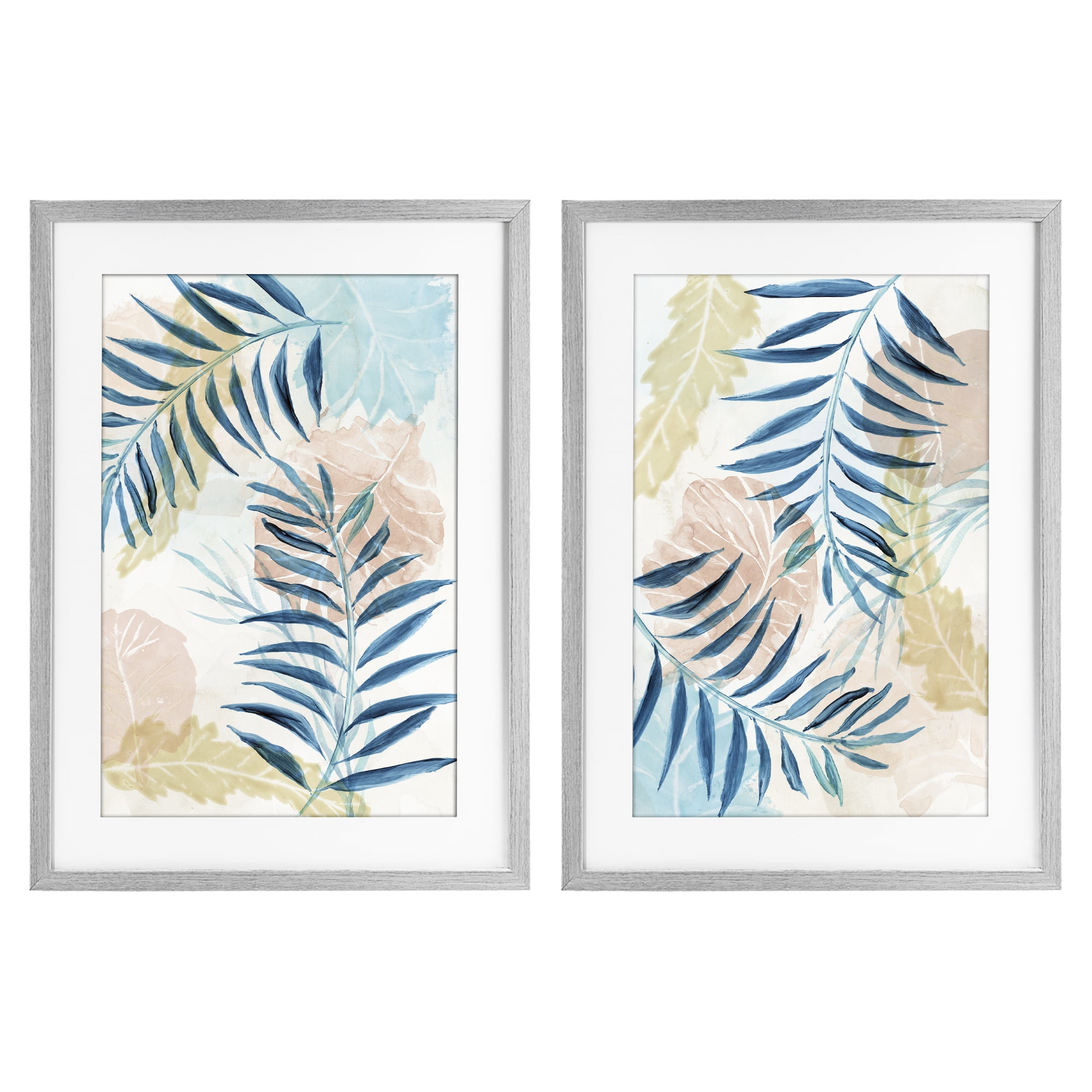 Stupell Industries Pastel & Blue Palm Fronds 2 Piece Gray Framed Print Under Glass Set, design by Nan