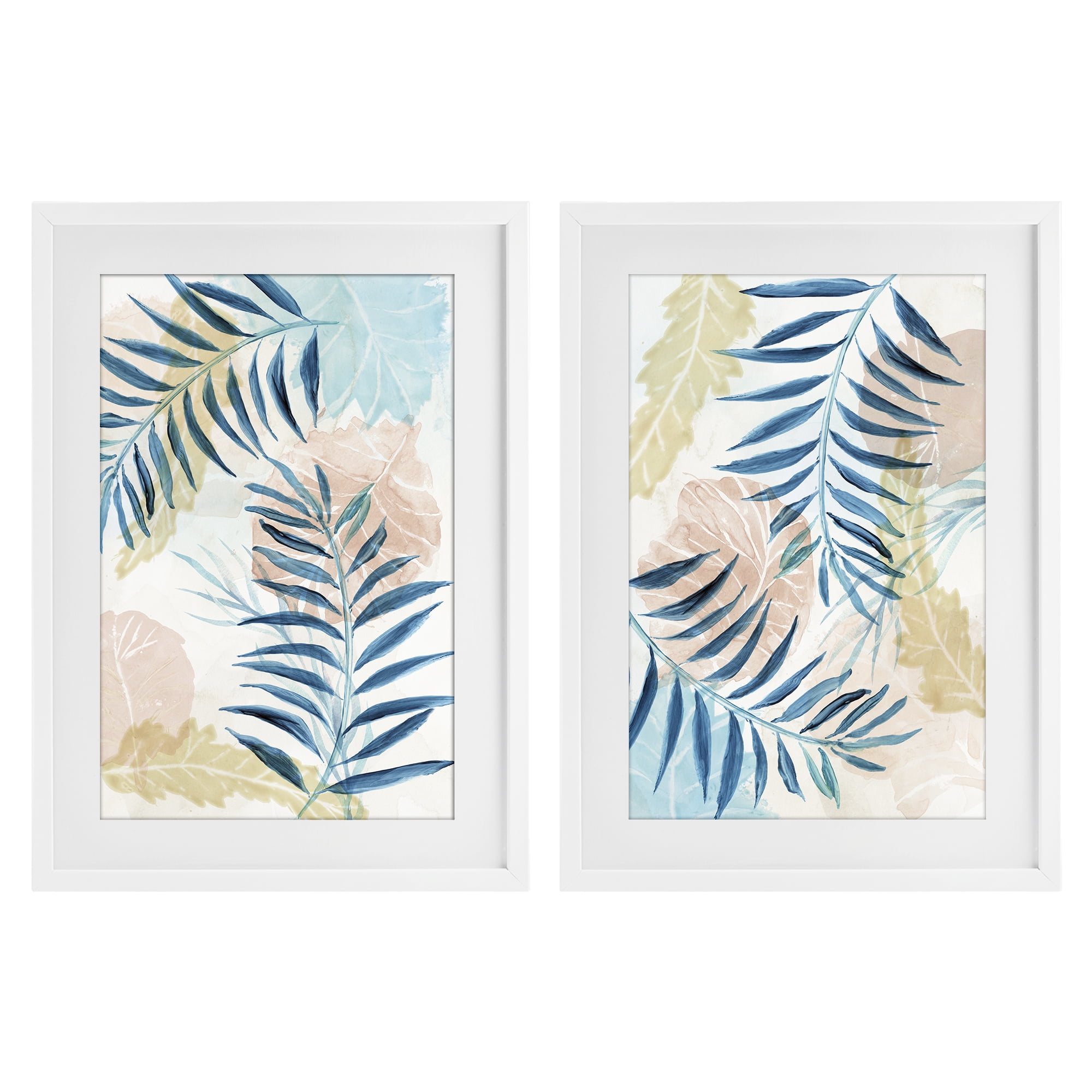 Stupell Industries Pastel & Blue Palm Fronds 2 Piece White Framed Print Under Glass Set, design by Nan