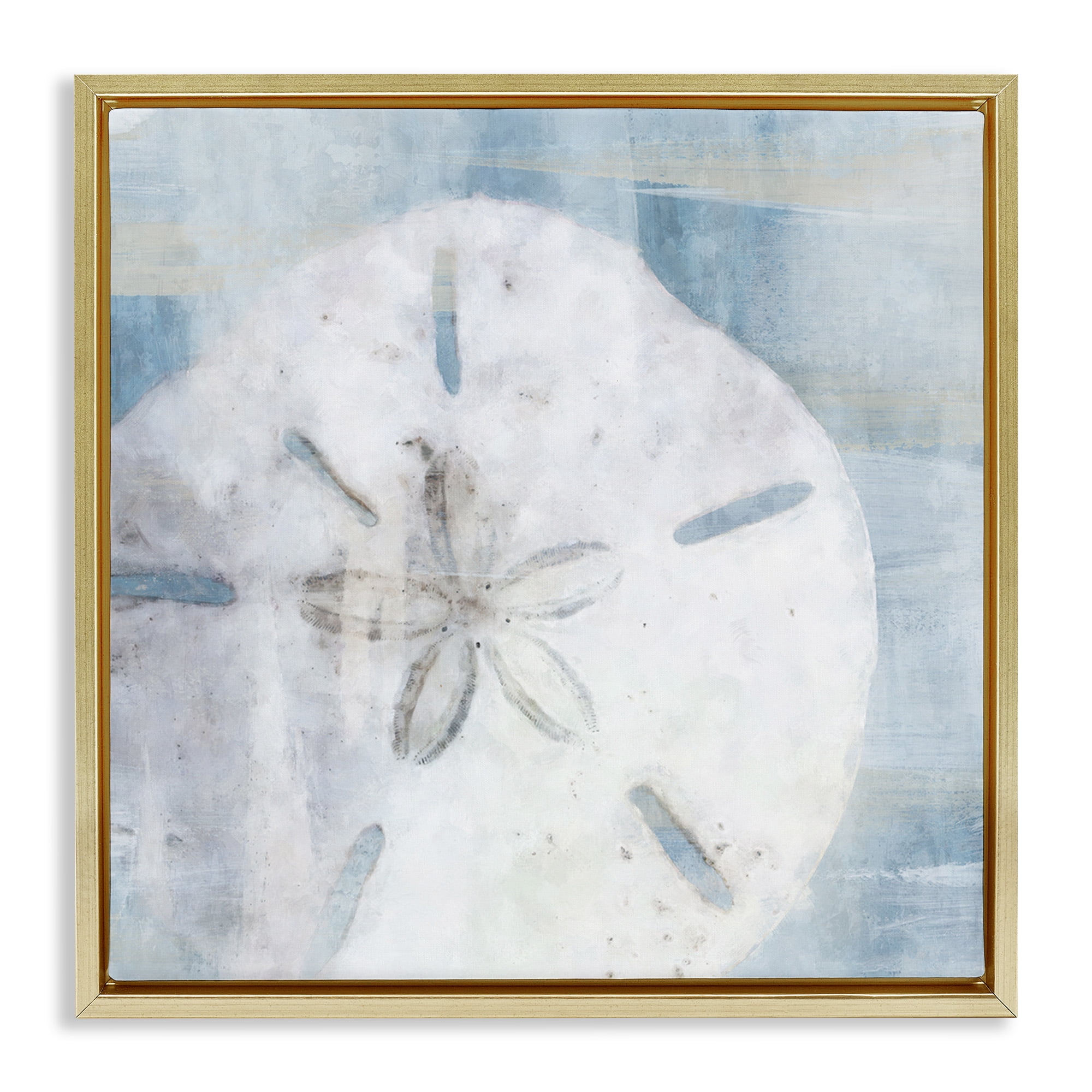 Stupell Industries Pastel Blue Sand Dollar Seashell Nature Painting Gold Floater Framed Canvas Art Print Wall Art, 18 x 18