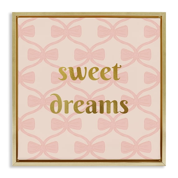Stupell Industries Pastel Bows & Sweet Dreams Quotes and Sayings Painting Gold Floater Framed Canvas Art Print Wall Art, 25 x 25