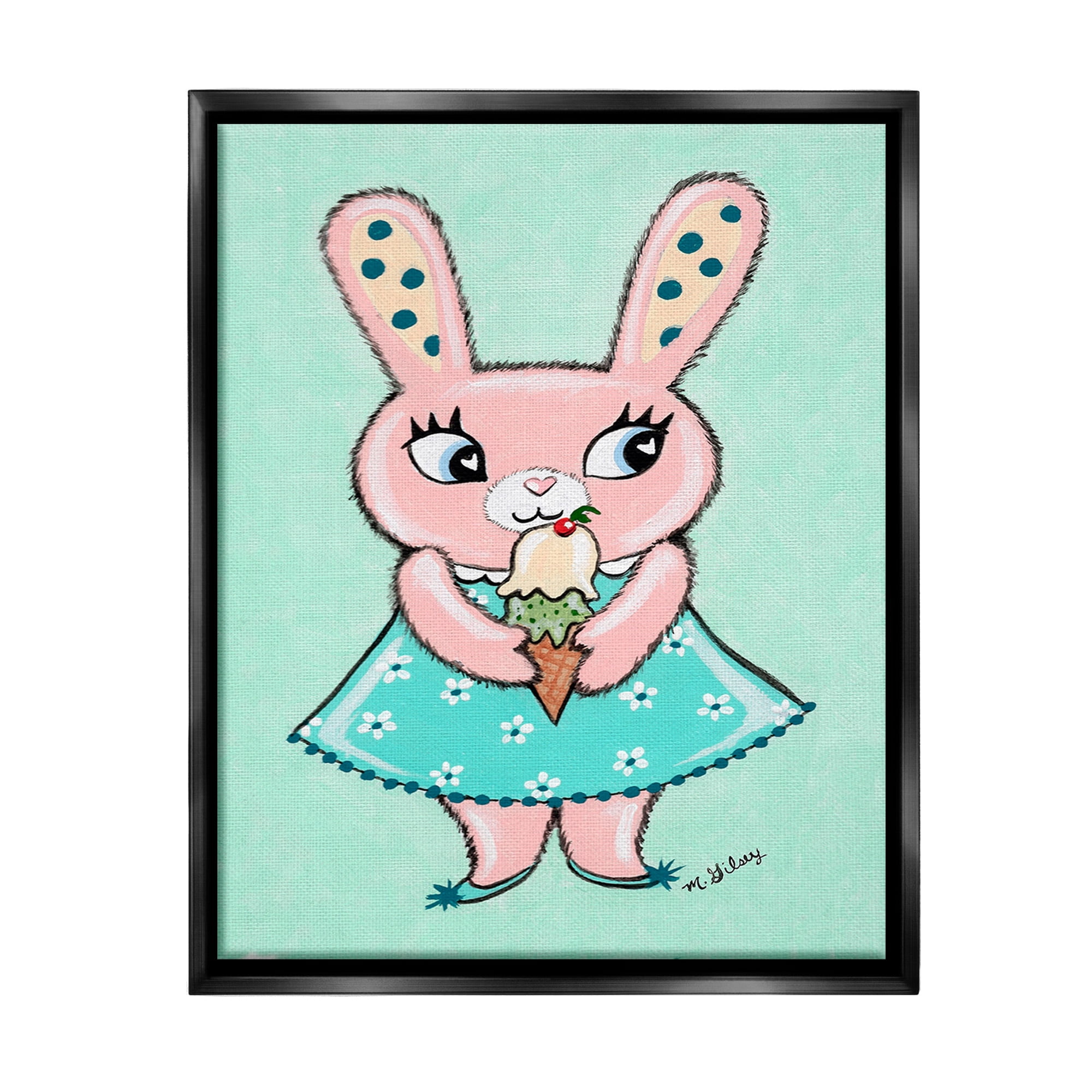 Stupell Industries Pastel Bunny & Ice Cream Animals & Insects Painting Black Floater Framed Canvas Art Print Wall Art, 25 x 31