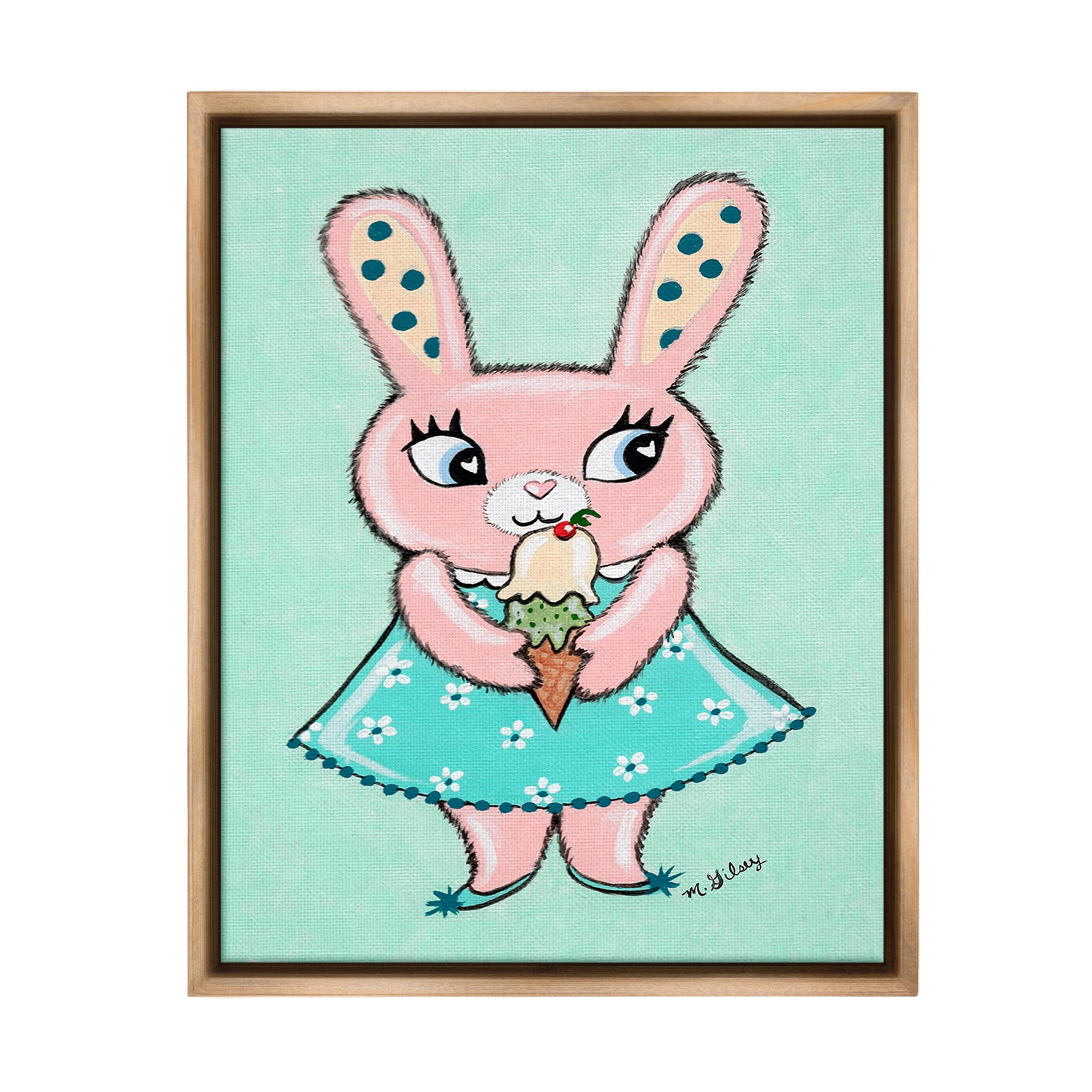 Stupell Industries Pastel Bunny & Ice Cream Animals & Insects Painting Brown Floater Framed Canvas Art Print Wall Art, 17 x 21