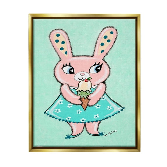 Stupell Industries Pastel Bunny & Ice Cream Animals & Insects Painting Gold Floater Framed Canvas Art Print Wall Art, 17 x 21