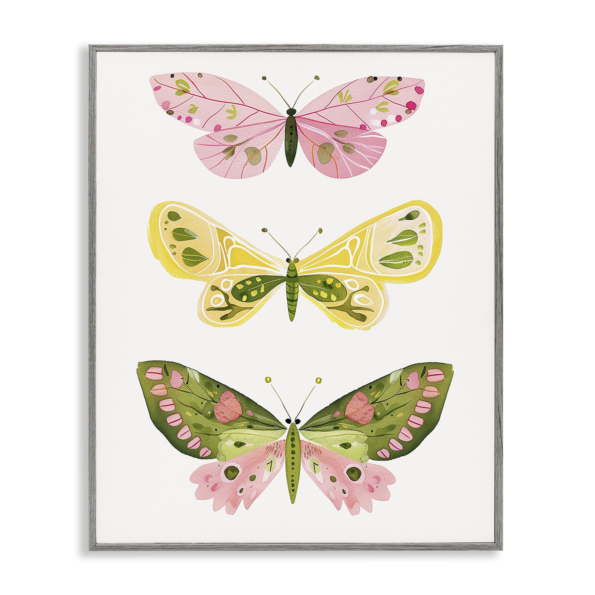 Stupell Industries Pastel Butterfly Trio Insects Painting Gray Framed Art Print Wall Art, 11 x 14