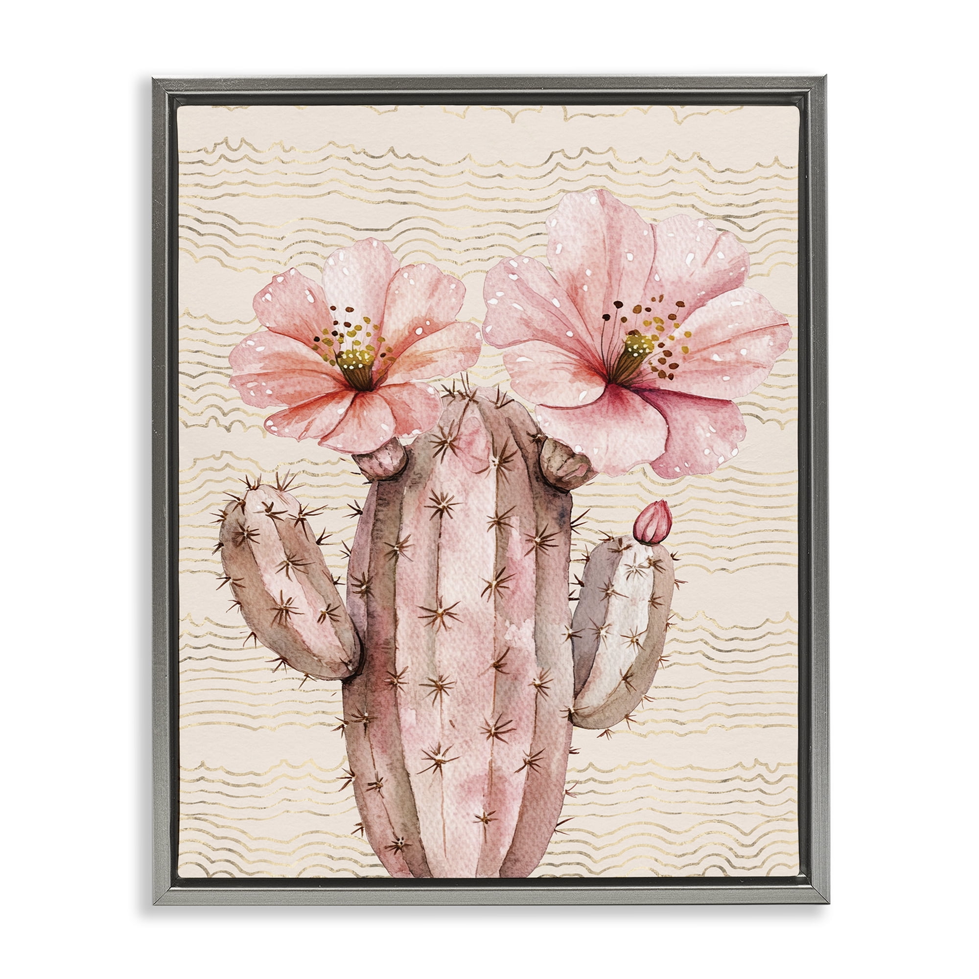 Stupell Industries Pastel Cactus with Blooms Plants & Flowers Painting Gray Floater Framed Canvas Art Print Wall Art, 17 x 21