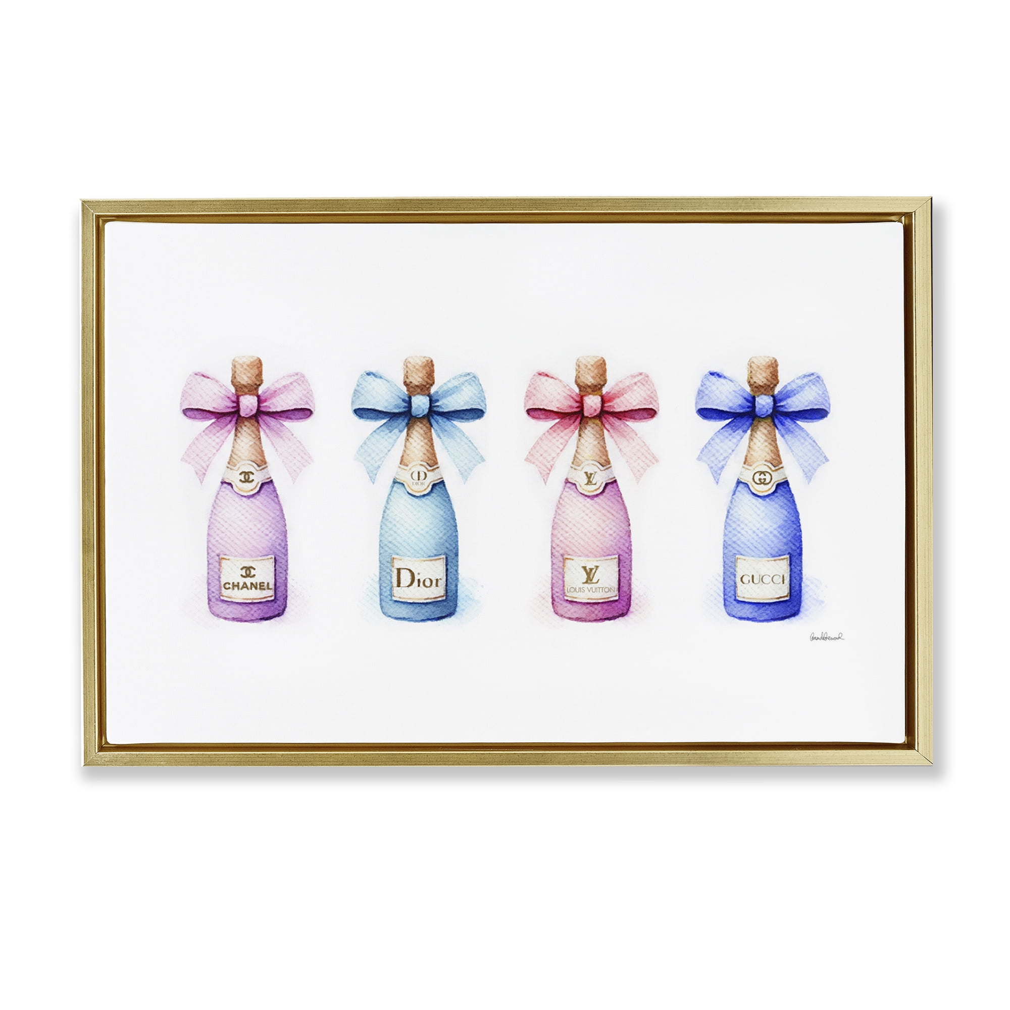 Stupell Industries Pastel Champagne Bottles Food & Beverage Painting Gold Floater Framed Canvas Art Print Wall Art, 31 x 21