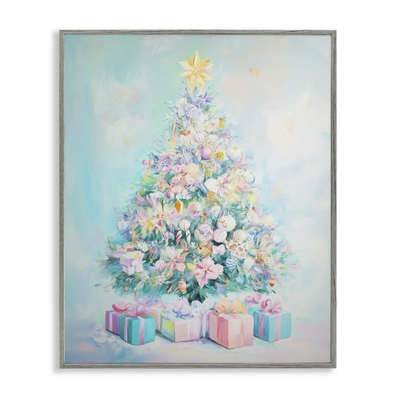 Stupell Industries Pastel Christmas Tree on Blue Holiday Painting Gray Framed Art Print Wall Art, 11 x 14