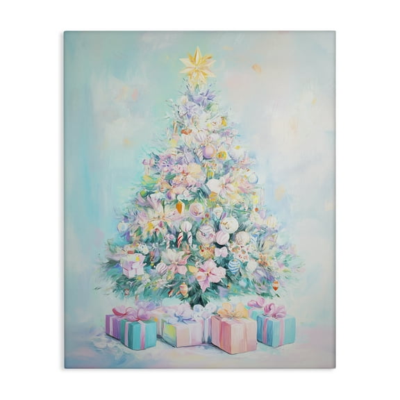 Stupell Industries Pastel Christmas Tree on Blue Holiday Painting Wrapped Canvas Canvas Art Print Wall Art, 24 x 30