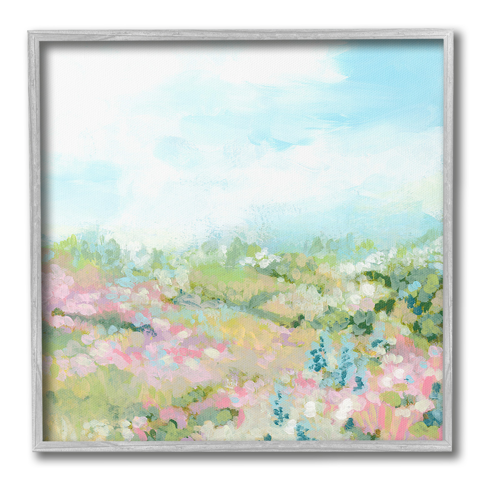 Stupell Industries Pastel Cloudy Meadow Landscape Painting Gray Framed Art Print Wall Art, 12 x 12