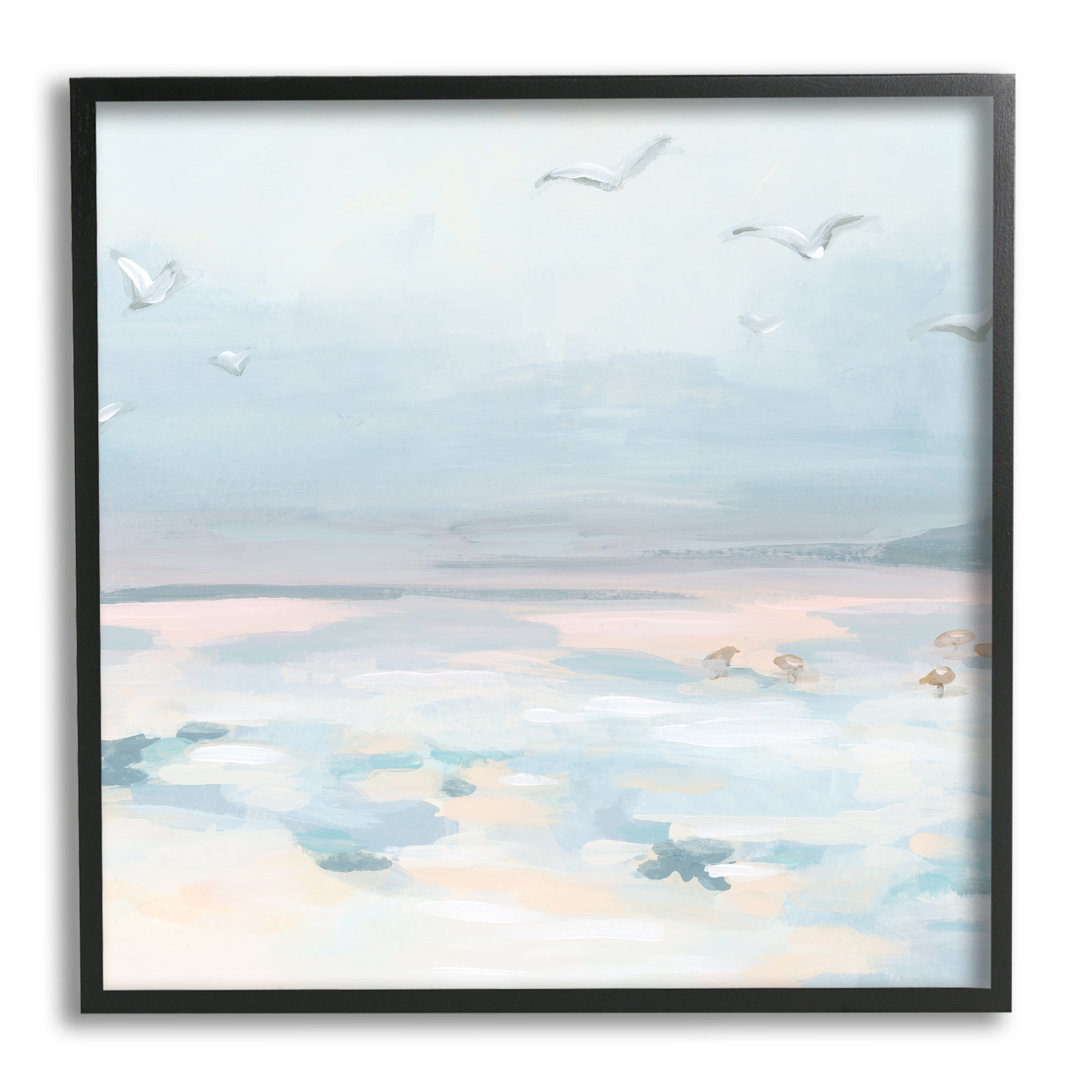 Pastel Coastal Landscape with Seagulls Canvas Print in Black Frame, 12" x 12"