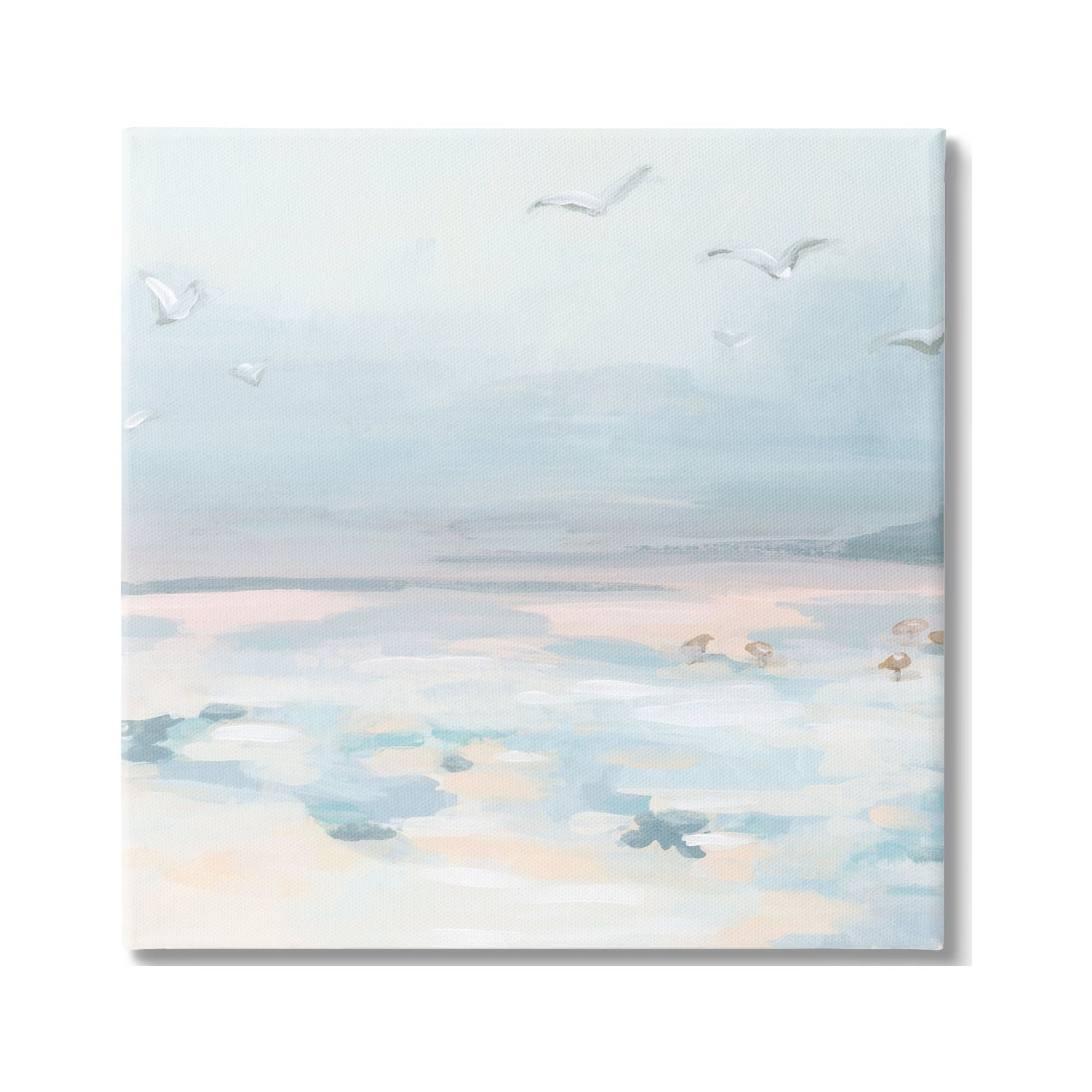 Pastel Coastal Landscape Canvas Print with Seagulls, 17" x 17"