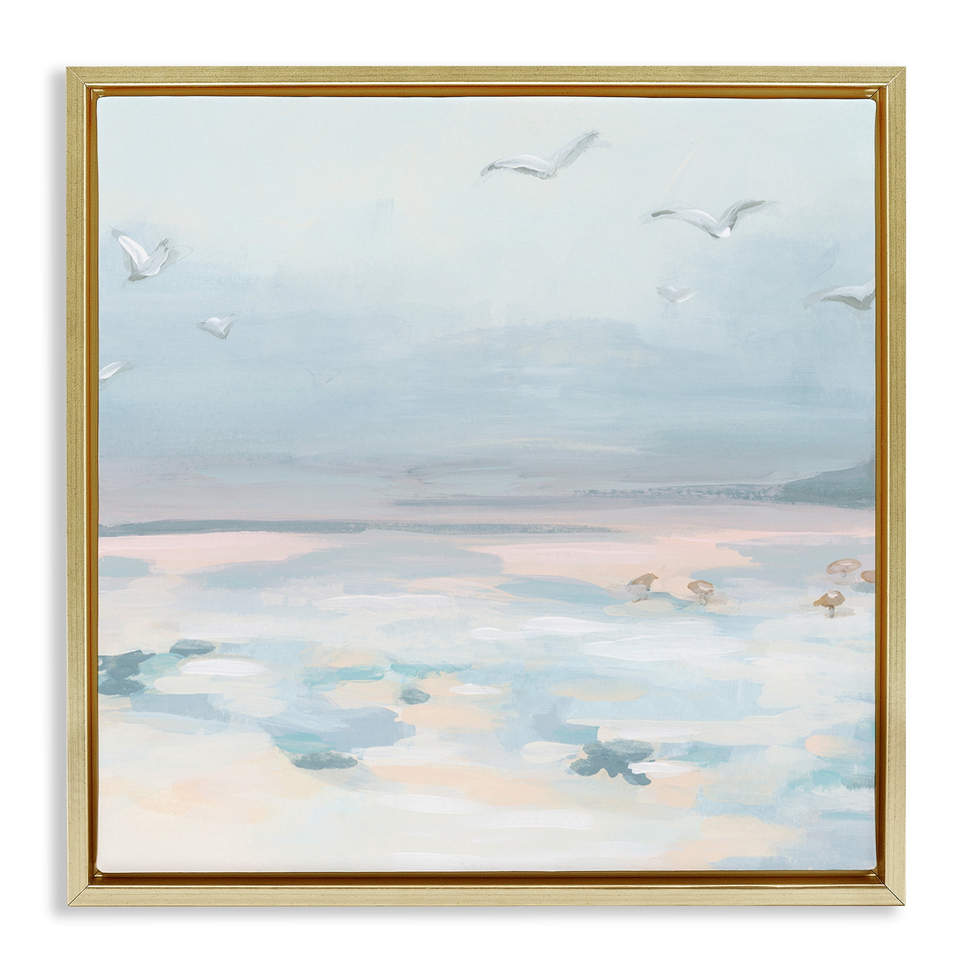 Stupell Industries Pastel Coastal Landscape Animals & Insects Painting Gold Floater Framed Canvas Art Print Wall Art, 18 x 18