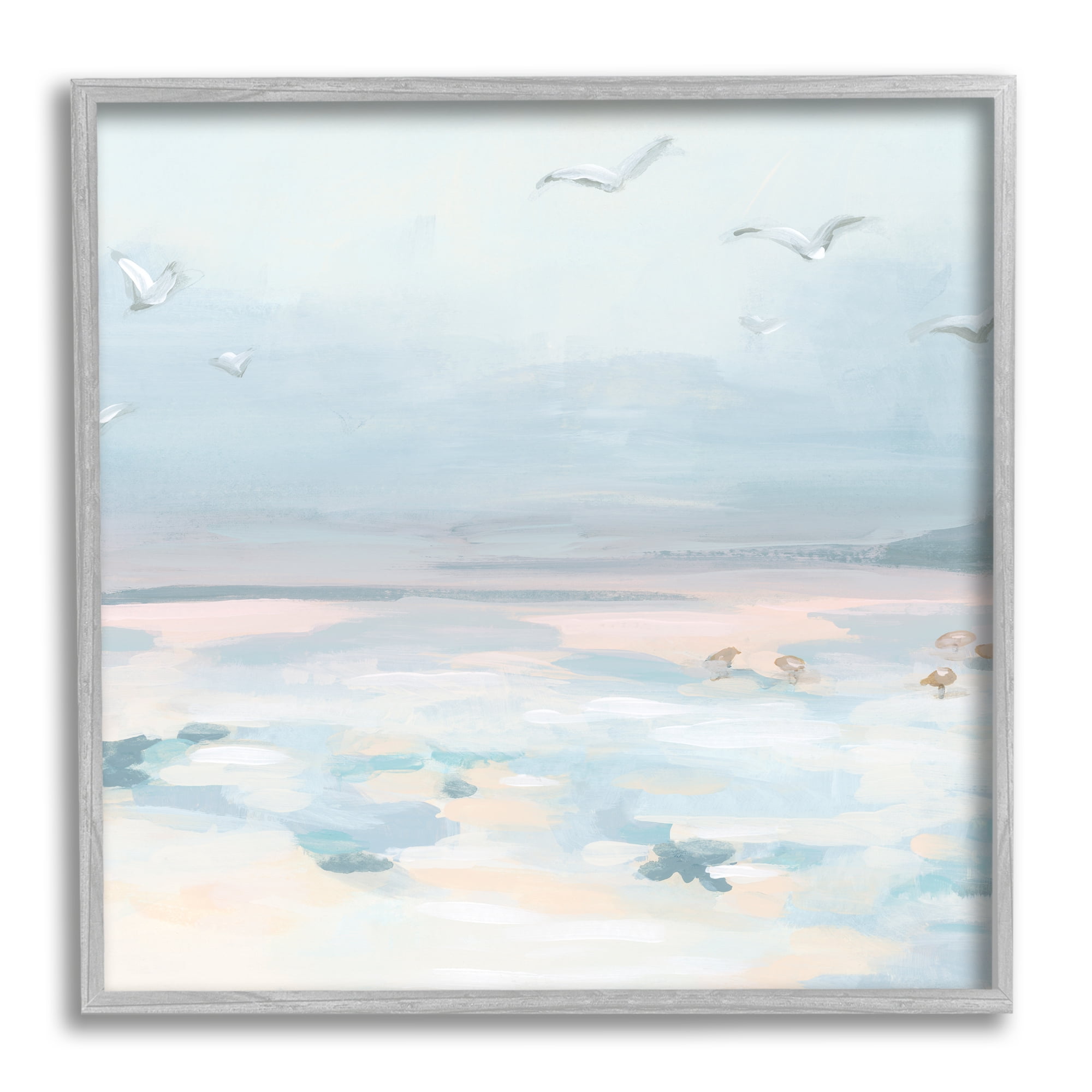 Stupell Industries Pastel Coastal Landscape Animals & Insects Painting Gray Framed Art Print Wall Art, 24 x 24