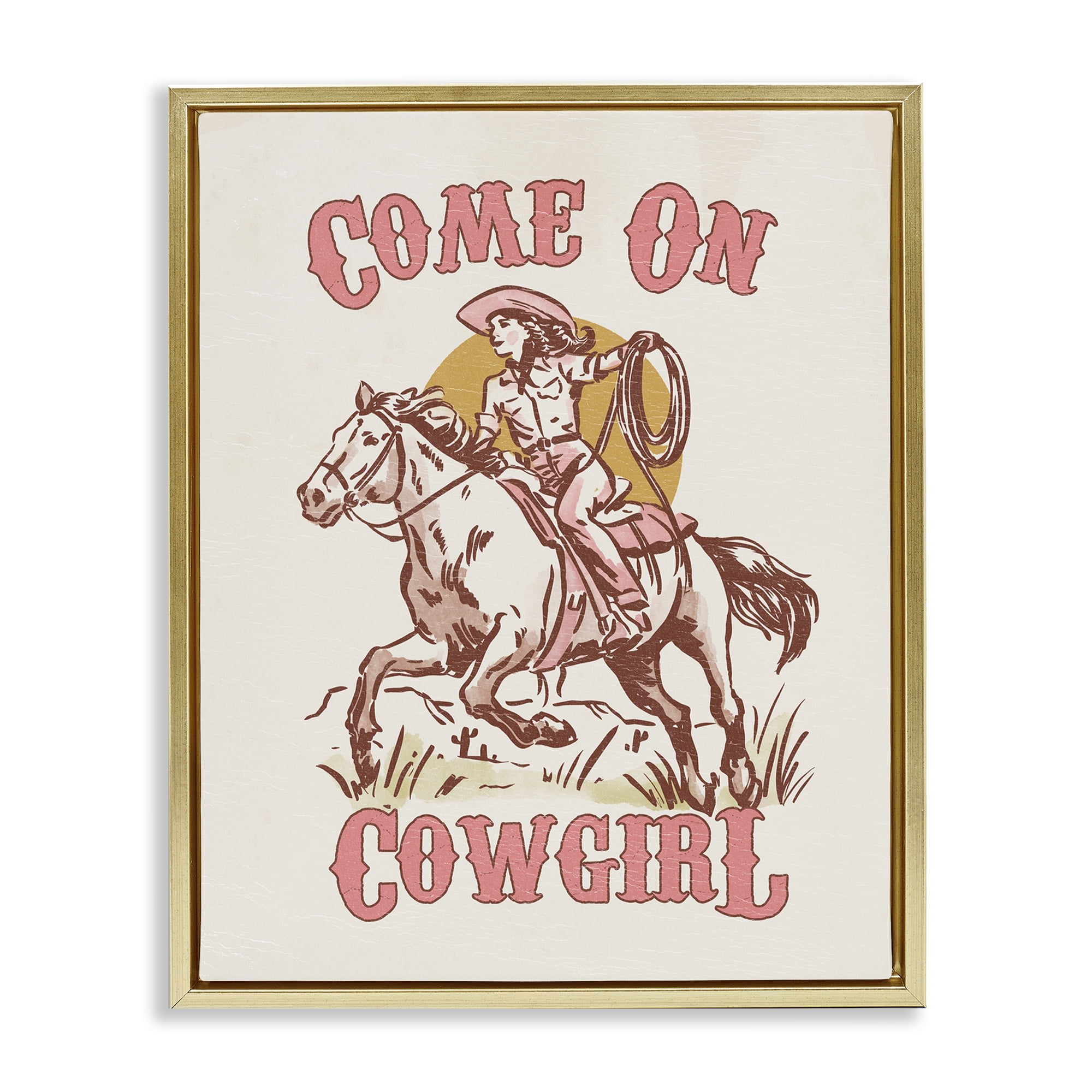 Stupell Industries Pastel Come On Cowgirl Entertainment Painting Gold Floater Framed Canvas Art Print Wall Art, 25 x 31