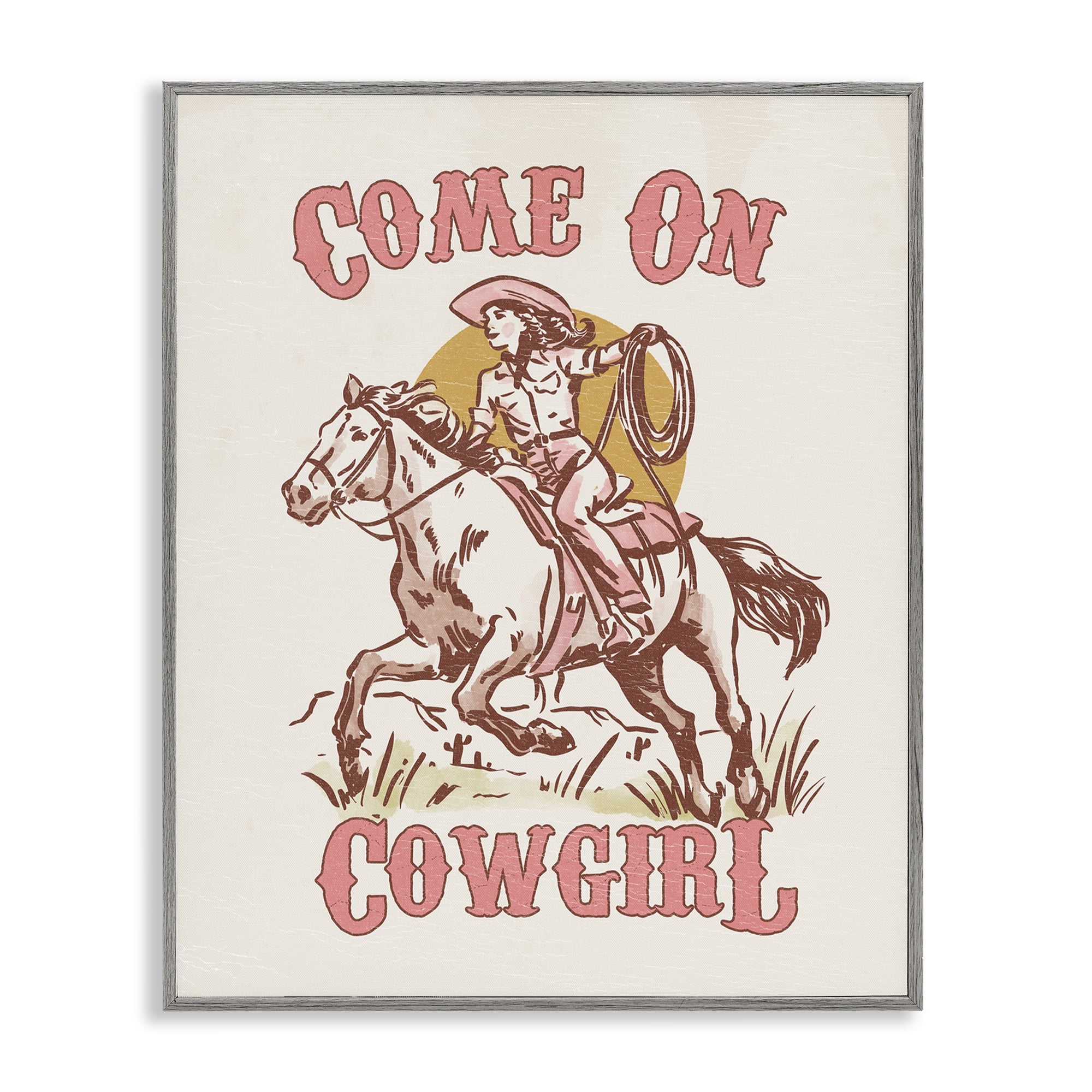 Stupell Industries Pastel Come On Cowgirl Entertainment Painting Gray Framed Art Print Wall Art, 16 x 20