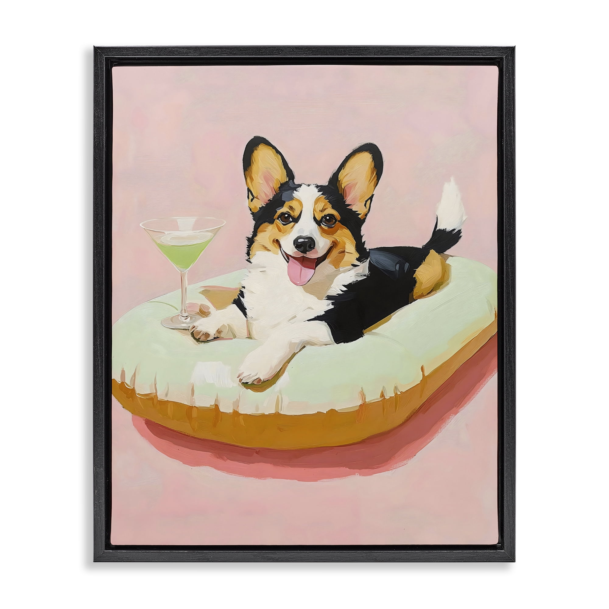 Stupell Industries Pastel Corgi with Cocktail Black Framed Floater Canvas Wall Art, design by The Prints Vibe