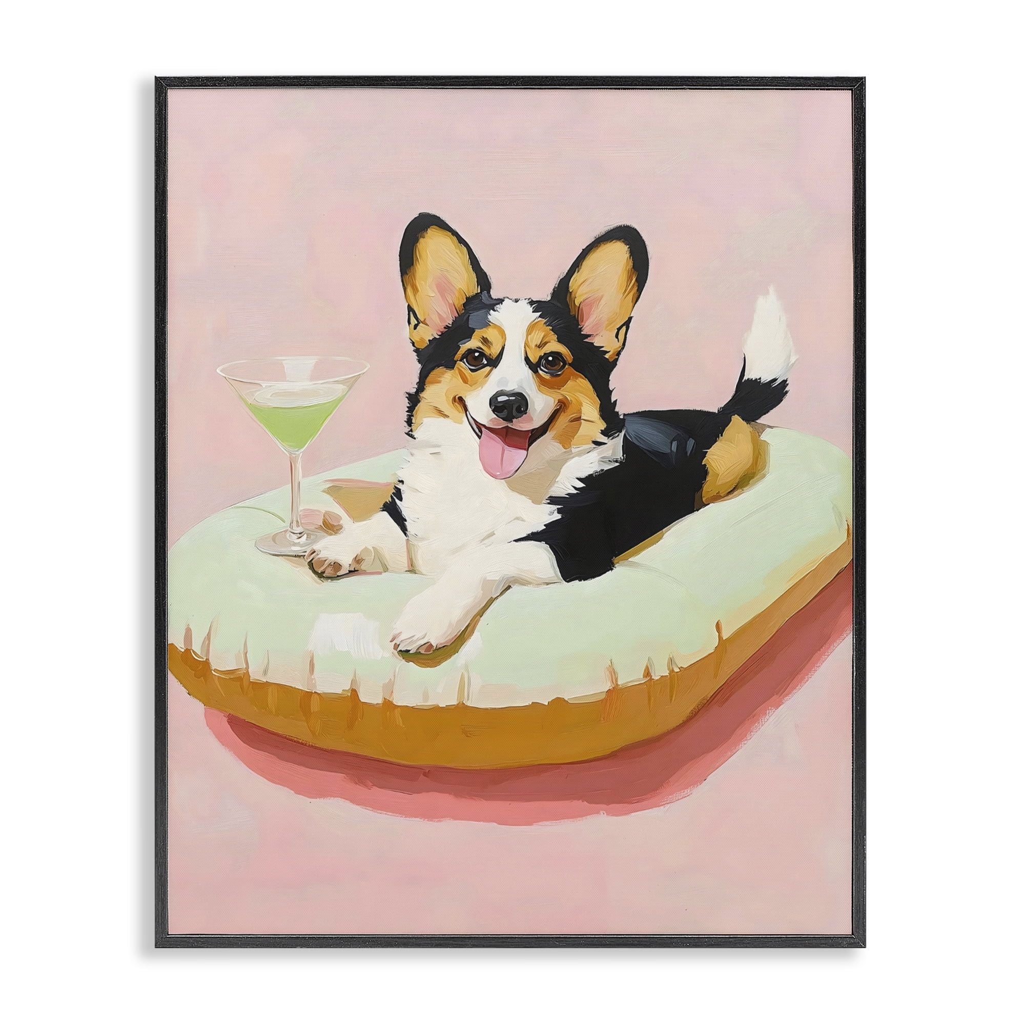 Stupell Industries Pastel Corgi with Cocktail Black Framed Giclee Art, design by The Prints Vibe