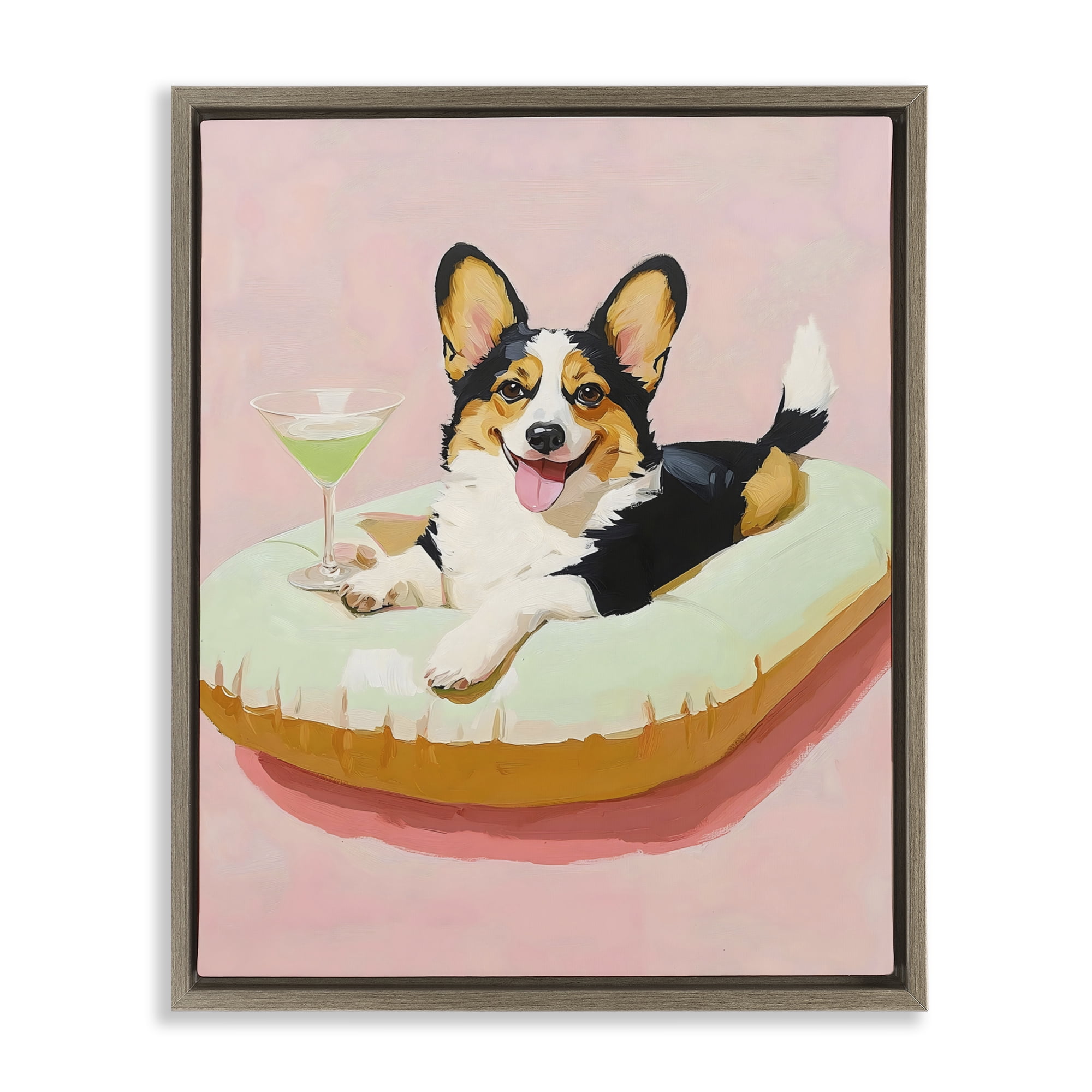Stupell Industries Pastel Corgi with Cocktail Brown Framed Floater Canvas Wall Art, design by The Prints Vibe