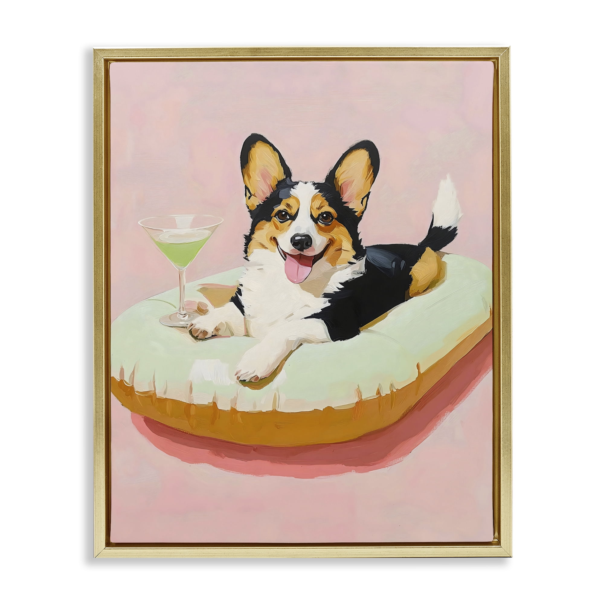 Stupell Industries Pastel Corgi with Cocktail Gold Framed Floater Canvas Wall Art, design by The Prints Vibe