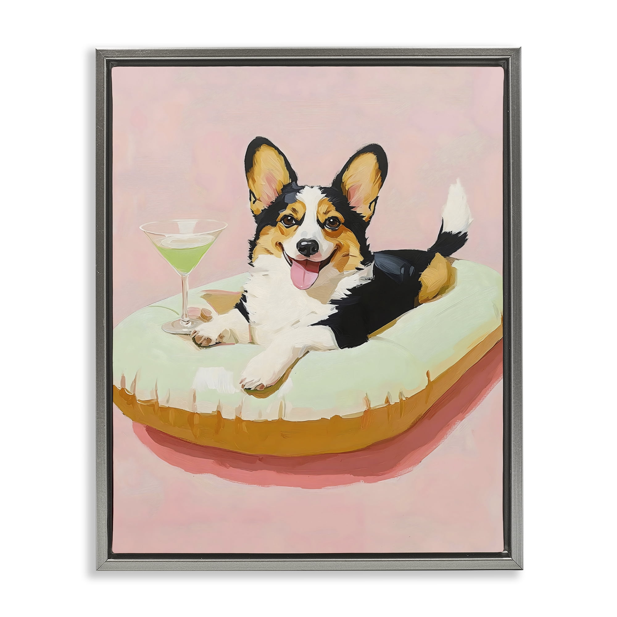 Stupell Industries Pastel Corgi with Cocktail Gray Framed Floater Canvas Wall Art, design by The Prints Vibe