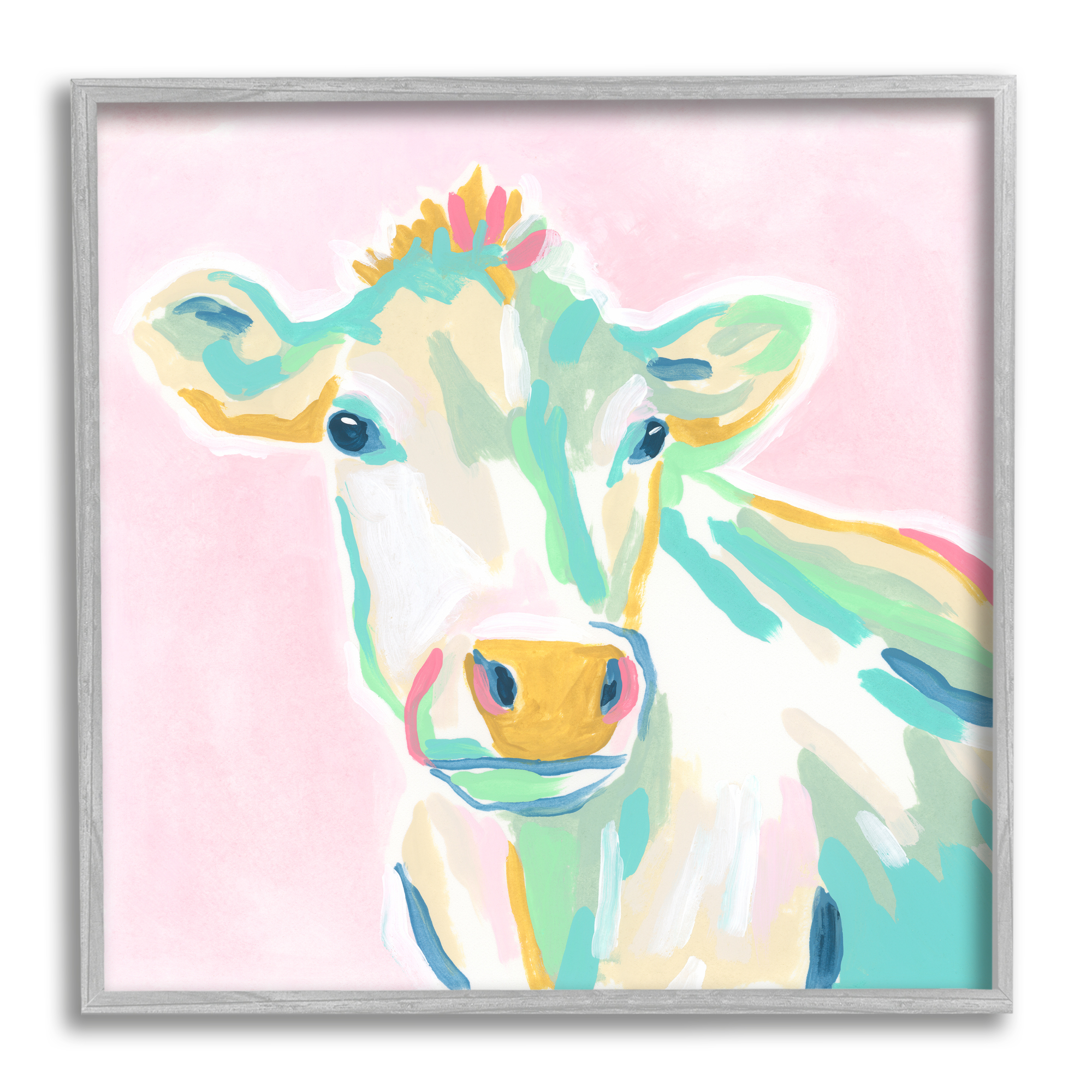 Stupell Industries Pastel Cow Painting Animals & Insects Painting Gray Framed Art Print Wall Art, 17 x 17