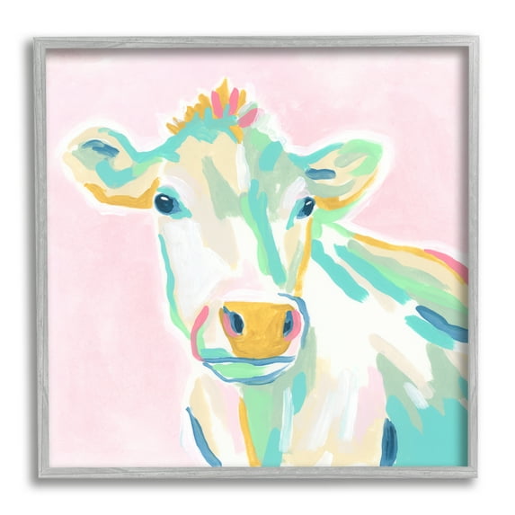 Stupell Industries Pastel Cow Painting Animals & Insects Painting Gray Framed Art Print Wall Art, 24 x 24