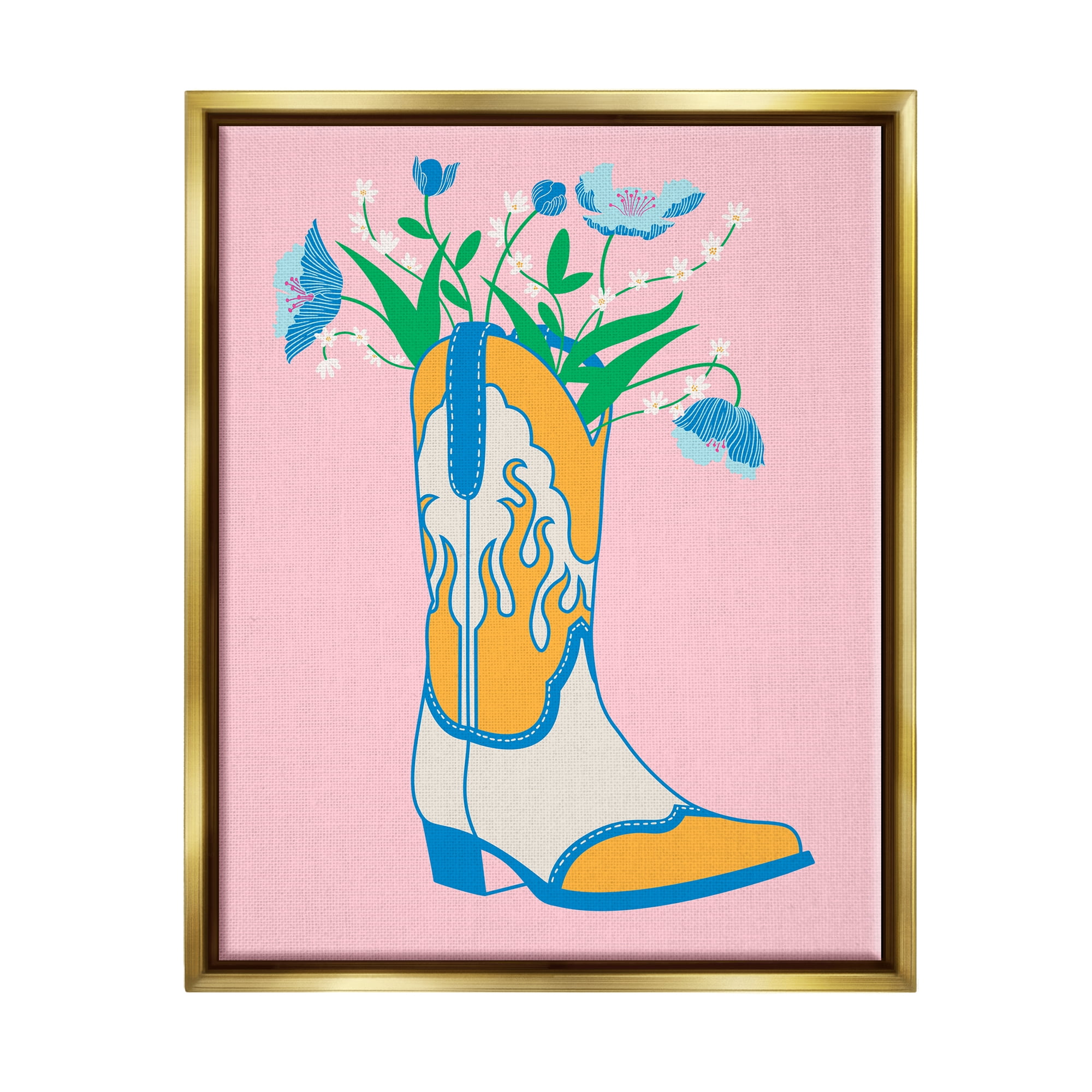 Stupell Industries Pastel Cowgirl Boot Botanical & Floral Painting Gold Floater Framed Canvas Art Print Wall Art, 17 x 21