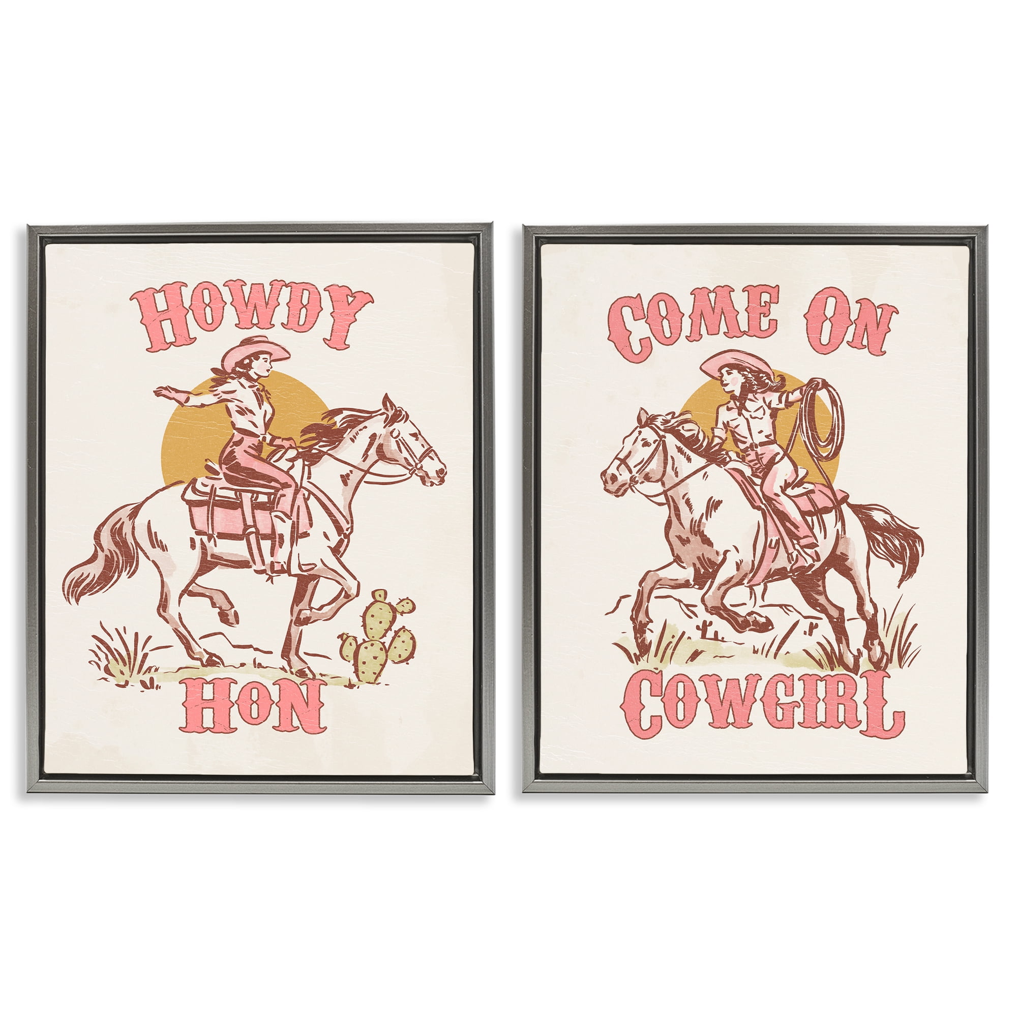Stupell Industries Pastel Cowgirl Phrases Entertainment Painting Gray Floater Framed Canvas Art Print Wall Art, 31 x 25, Set of 2