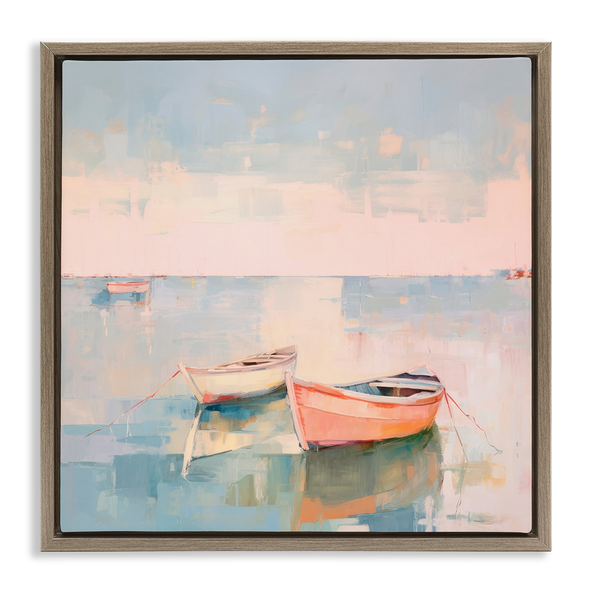Stupell Industries Pastel Docked Boats Transportation Painting Brown Floater Framed Canvas Art Print Wall Art, 18 x 18