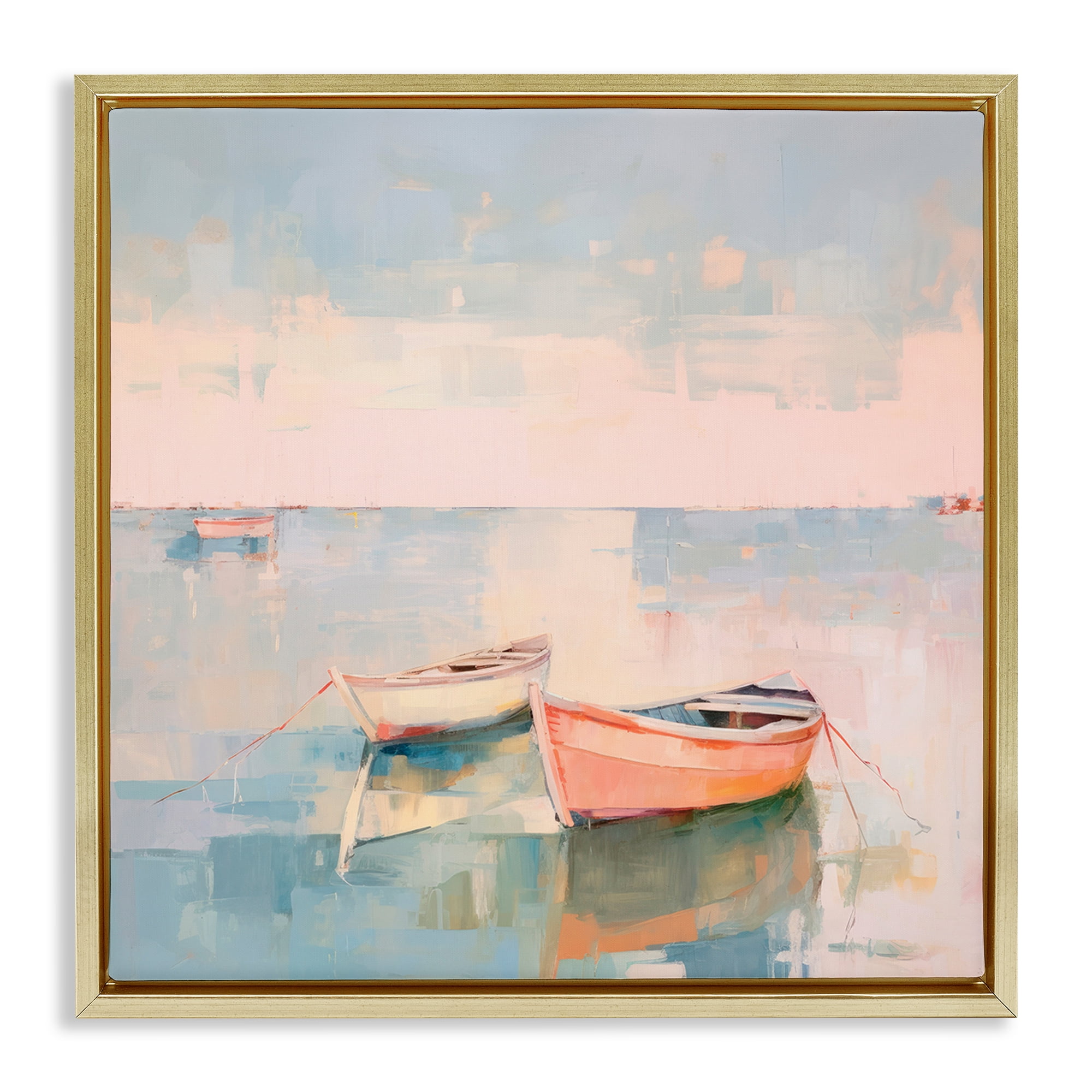 Stupell Industries Pastel Docked Boats Transportation Painting Gold Floater Framed Canvas Art Print Wall Art, 18 x 18