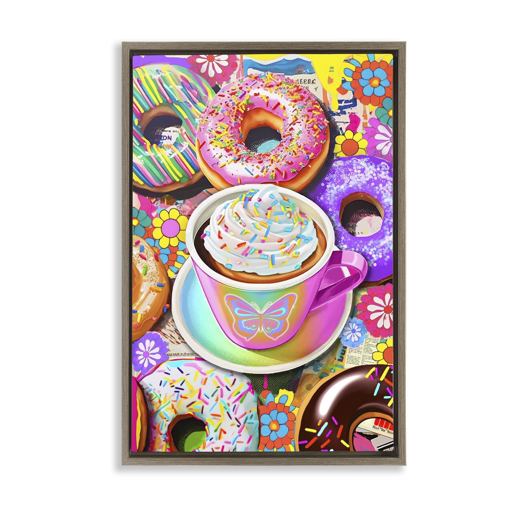 Stupell Industries Pastel Donuts & Coffee Mug Food & Beverage Painting Brown Floater Framed Canvas Art Print Wall Art, 17 x 25