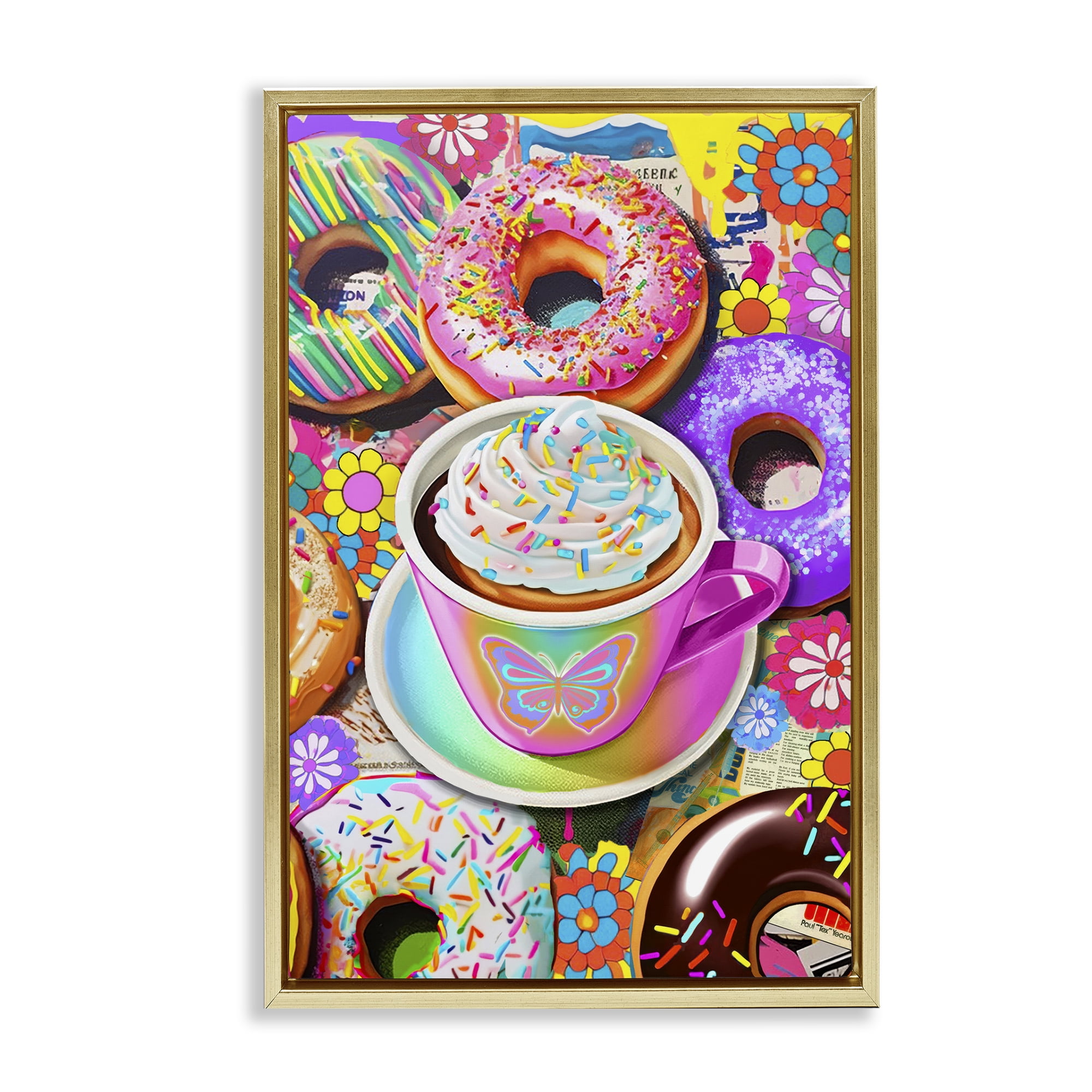 Stupell Industries Pastel Donuts & Coffee Mug Food & Beverage Painting Gold Floater Framed Canvas Art Print Wall Art, 21 x 31