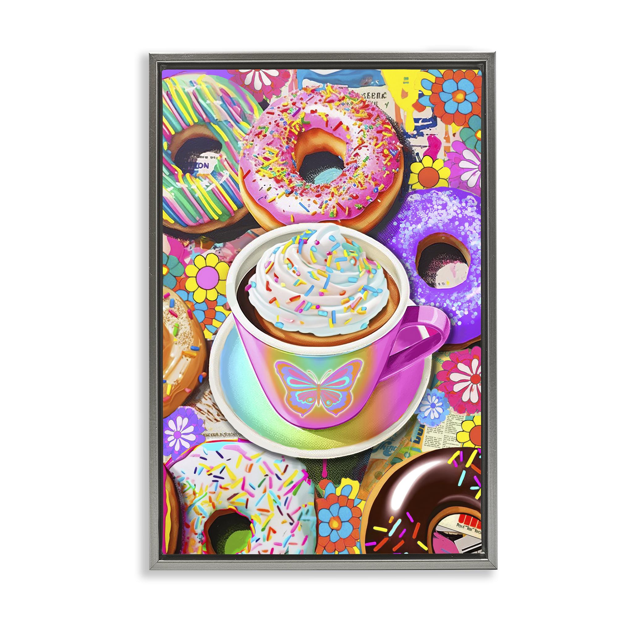 Stupell Industries Pastel Donuts & Coffee Mug Food & Beverage Painting Gray Floater Framed Canvas Art Print Wall Art, 21 x 31
