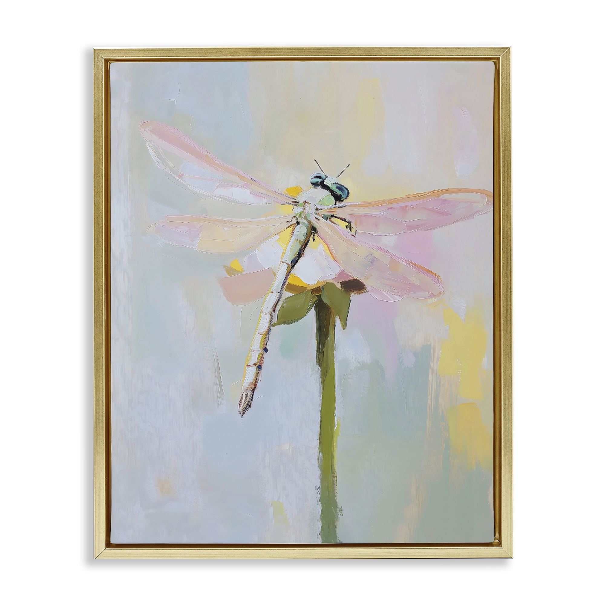 Stupell Industries Pastel Dragonfly Landing Gold Framed Floater Canvas Wall Art, design by The Prints Vibe