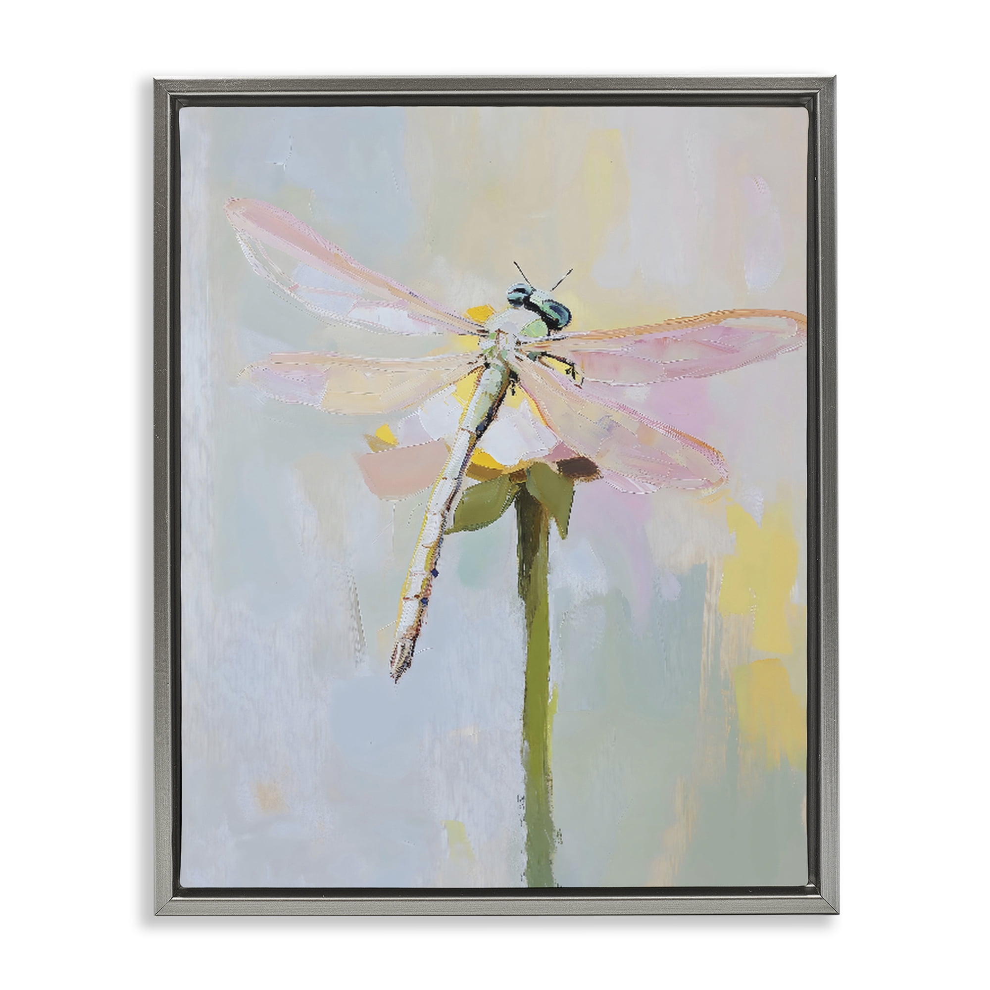 Stupell Industries Pastel Dragonfly Landing Gray Framed Floater Canvas Wall Art, design by The Prints Vibe