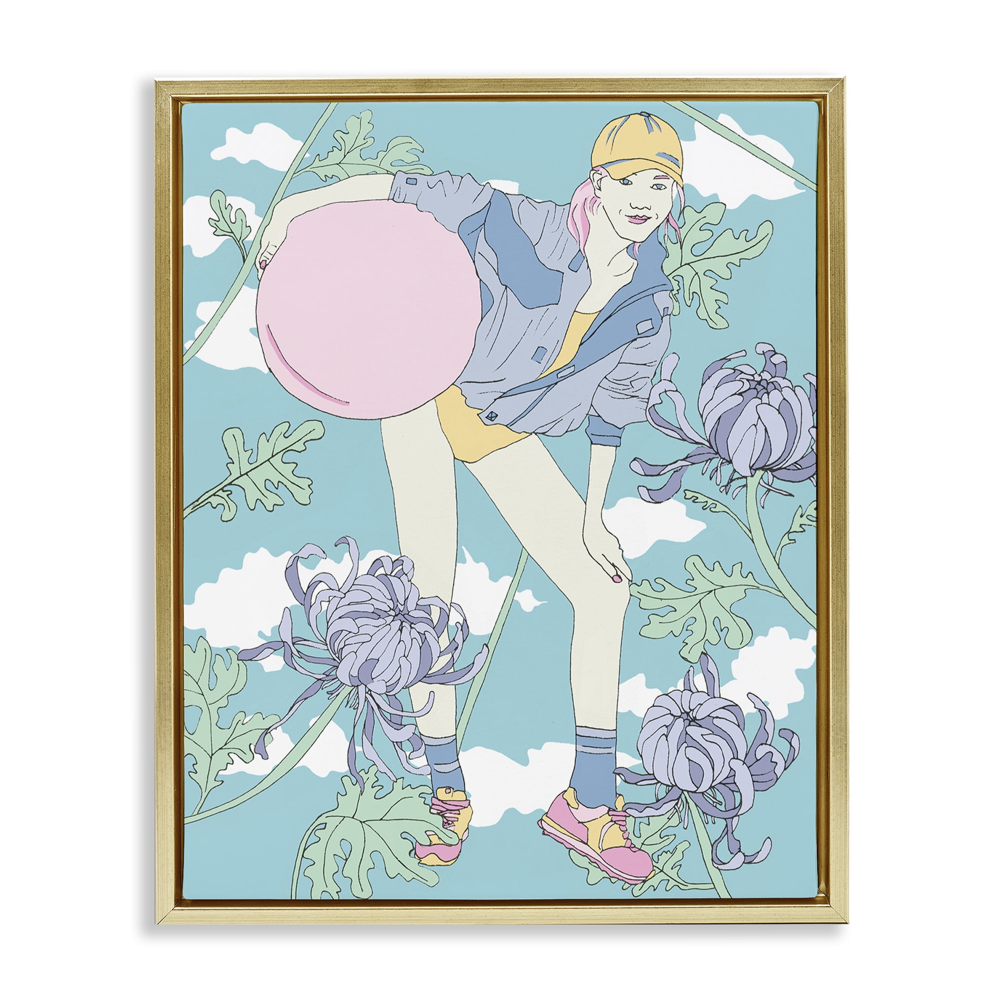 Stupell Industries Pastel Exercise Ball Girl People Painting Gold Floater Framed Canvas Art Print Wall Art, 17 x 21